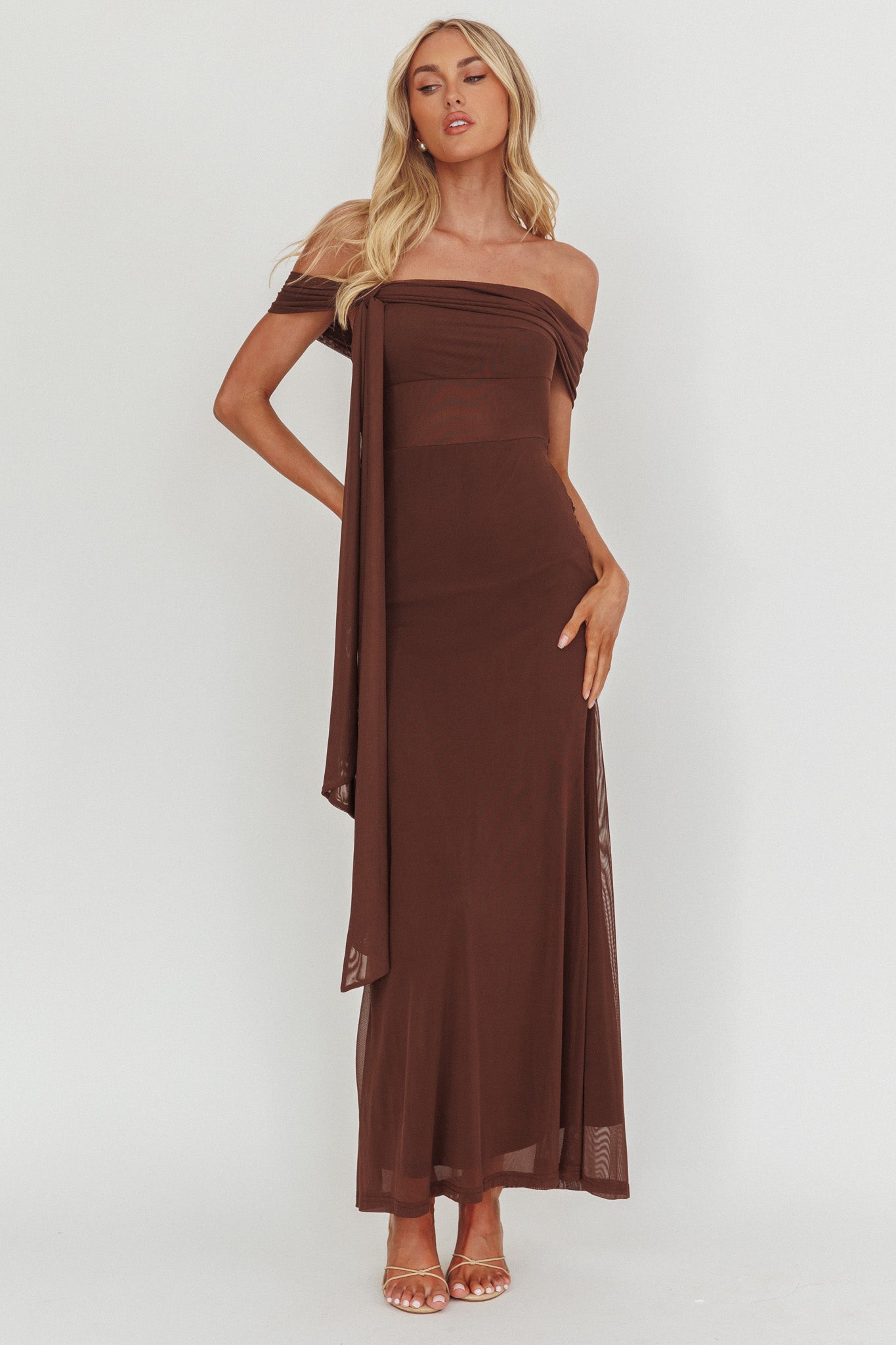 Silver Moon Tied Off-Shoulder Maxi Dress Chocolate by Selfie Leslie Australia