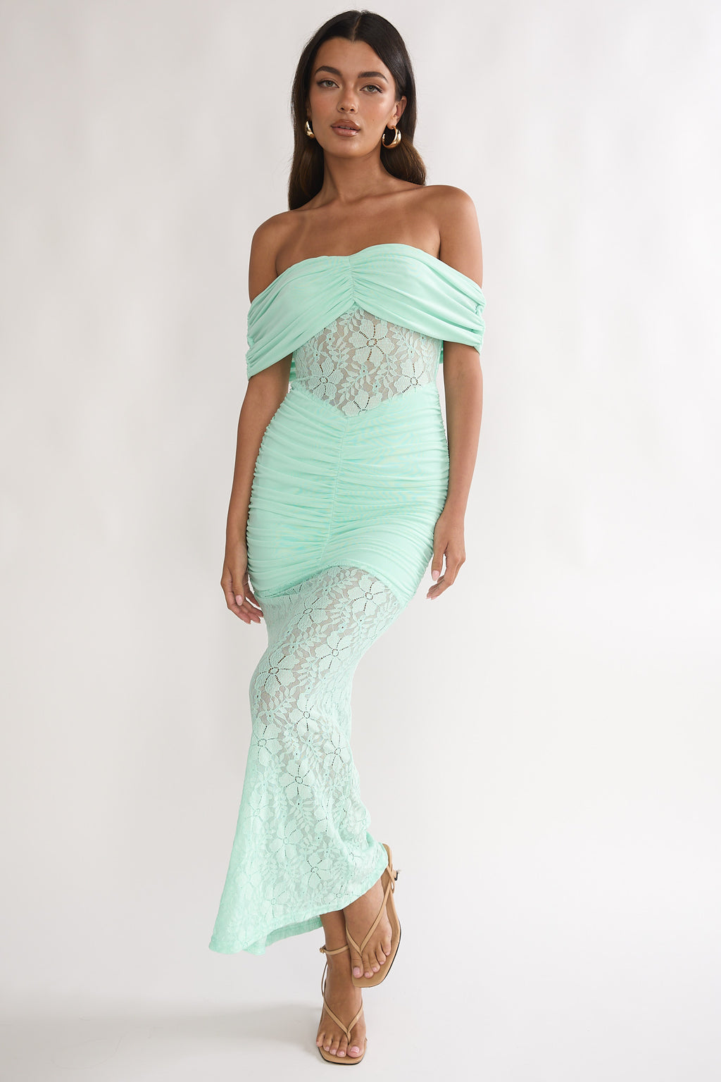 Silver Moon Off-Shoulder Maxi Dress Floral Mint by Selfie Leslie Australia