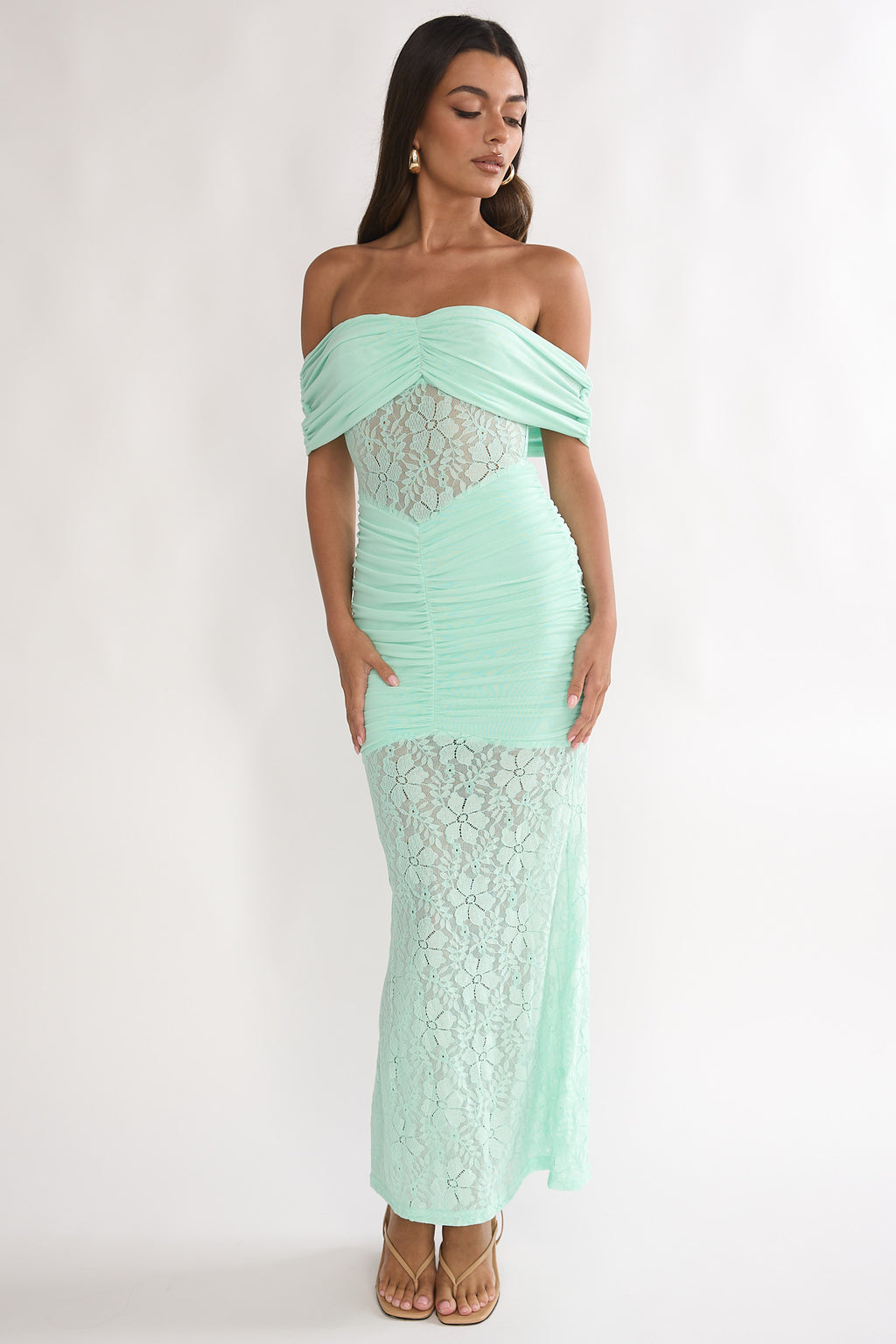 Silver Moon Off-Shoulder Maxi Dress Floral Mint by Selfie Leslie Australia