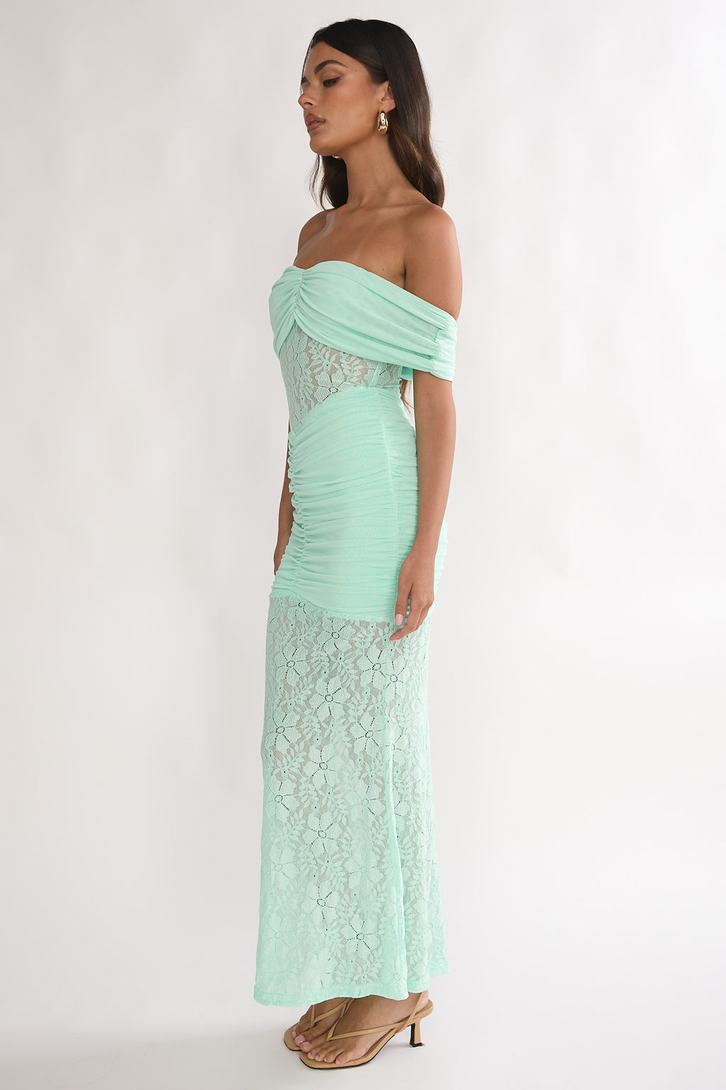 Silver Moon Off-Shoulder Maxi Dress Floral Mint by Selfie Leslie Australia