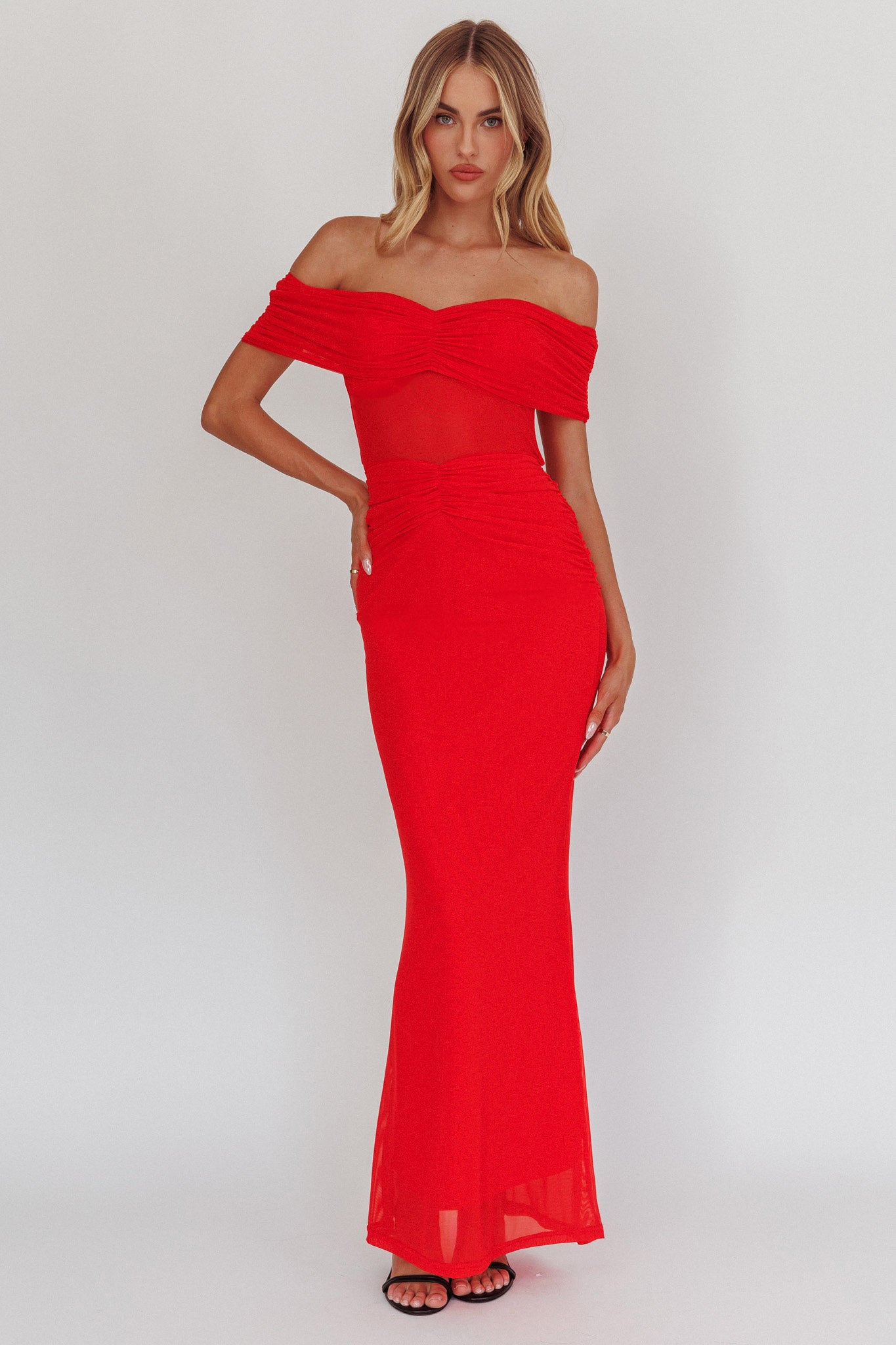Silver Moon Off-Shoulder Maxi Dress Blood Orange by Selfie Leslie Australia