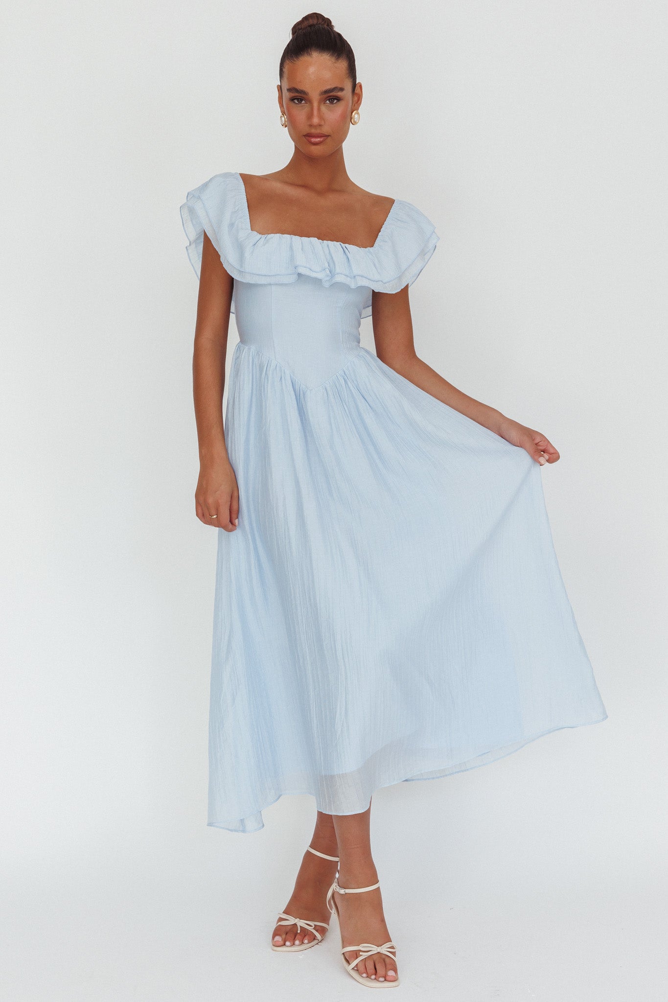 Serinah Basque Waist Off-Shoulder Maxi Dress Blue by Selfie Leslie Australia