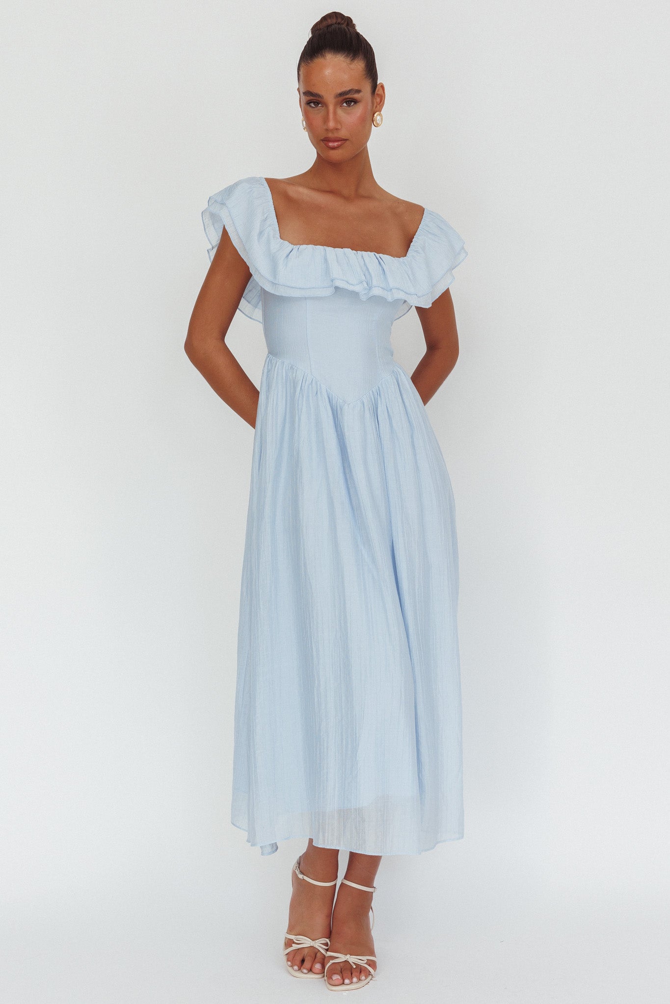 Serinah Basque Waist Off-Shoulder Maxi Dress Blue by Selfie Leslie Australia