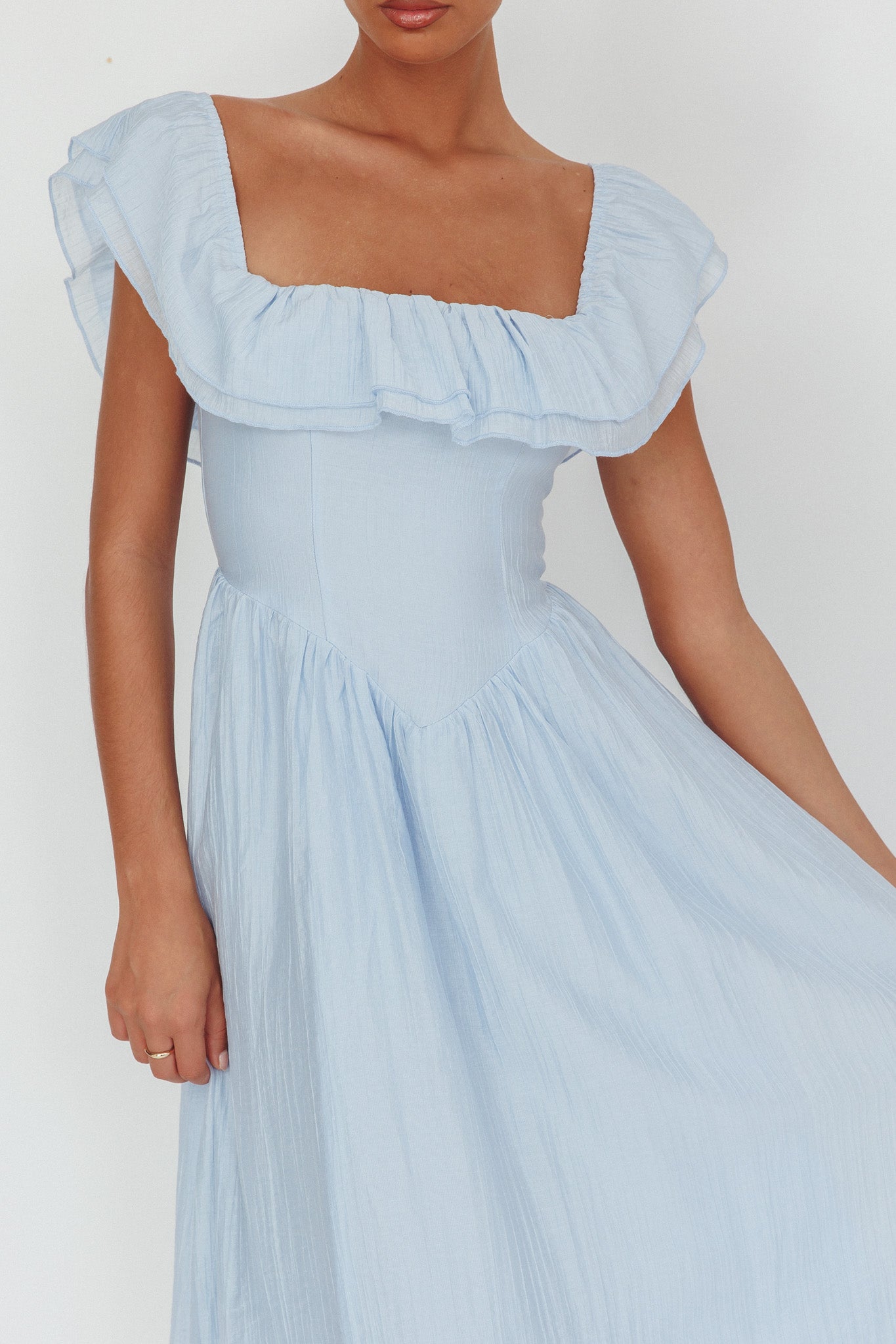 Serinah Basque Waist Off-Shoulder Maxi Dress Blue by Selfie Leslie Australia