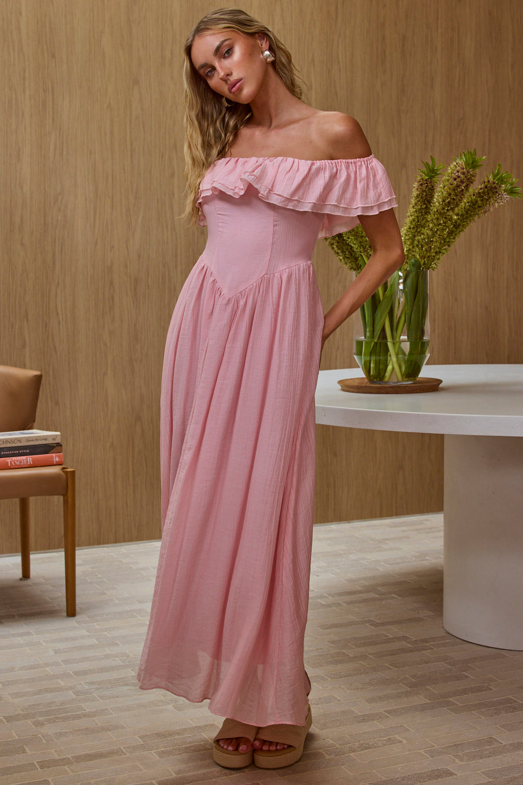 Serinah Basque Waist Off-Shoulder Maxi Dress Pink by Selfie Leslie Australia