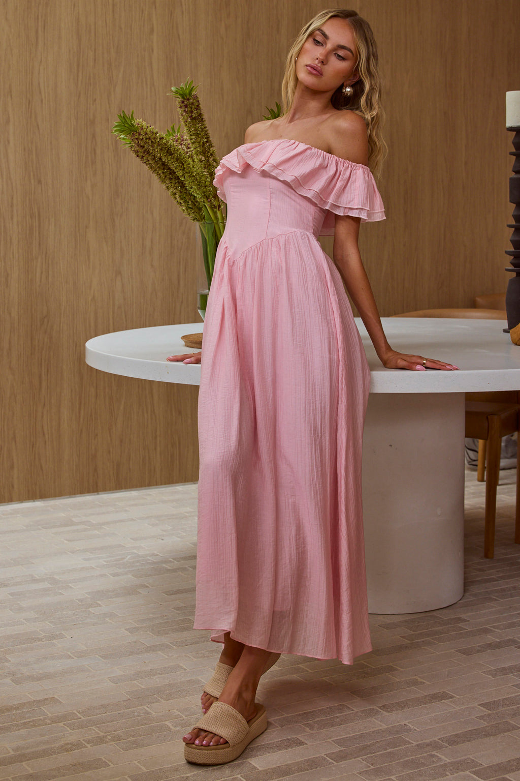 Serinah Basque Waist Off-Shoulder Maxi Dress Pink by Selfie Leslie Australia