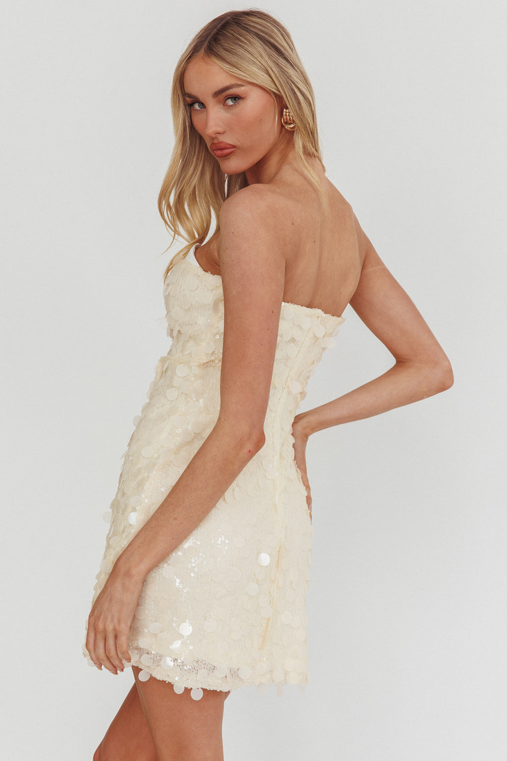 Hillara Strapless Mini Dress Sequin Cream by Selfie Leslie Australia