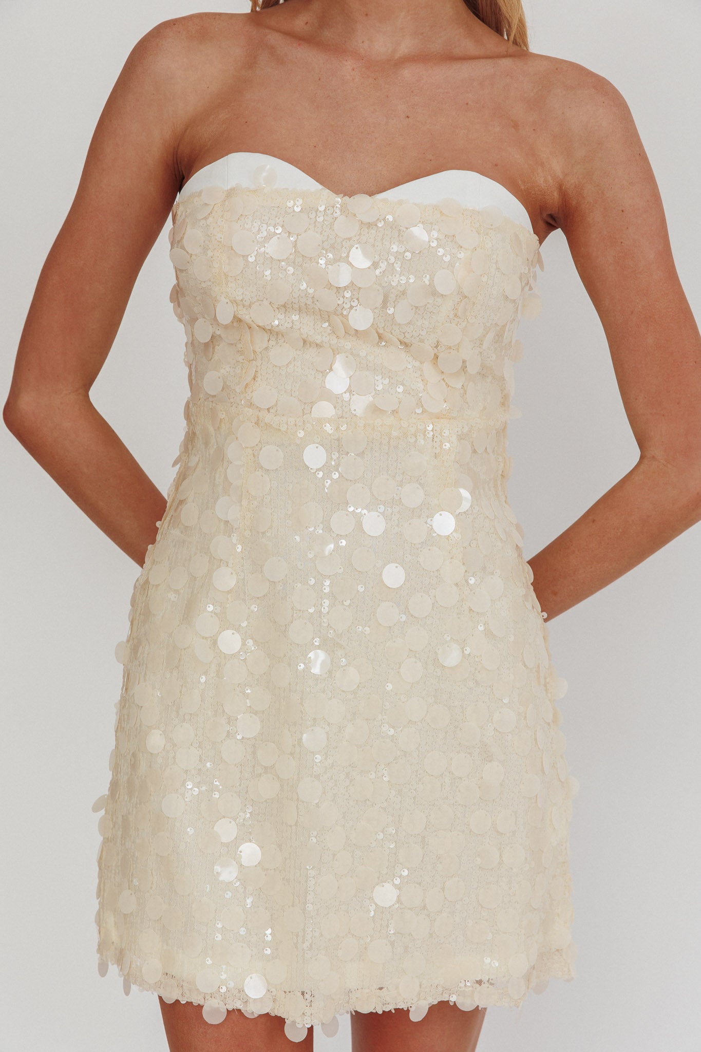 Hillara Strapless Mini Dress Sequin Cream by Selfie Leslie Australia