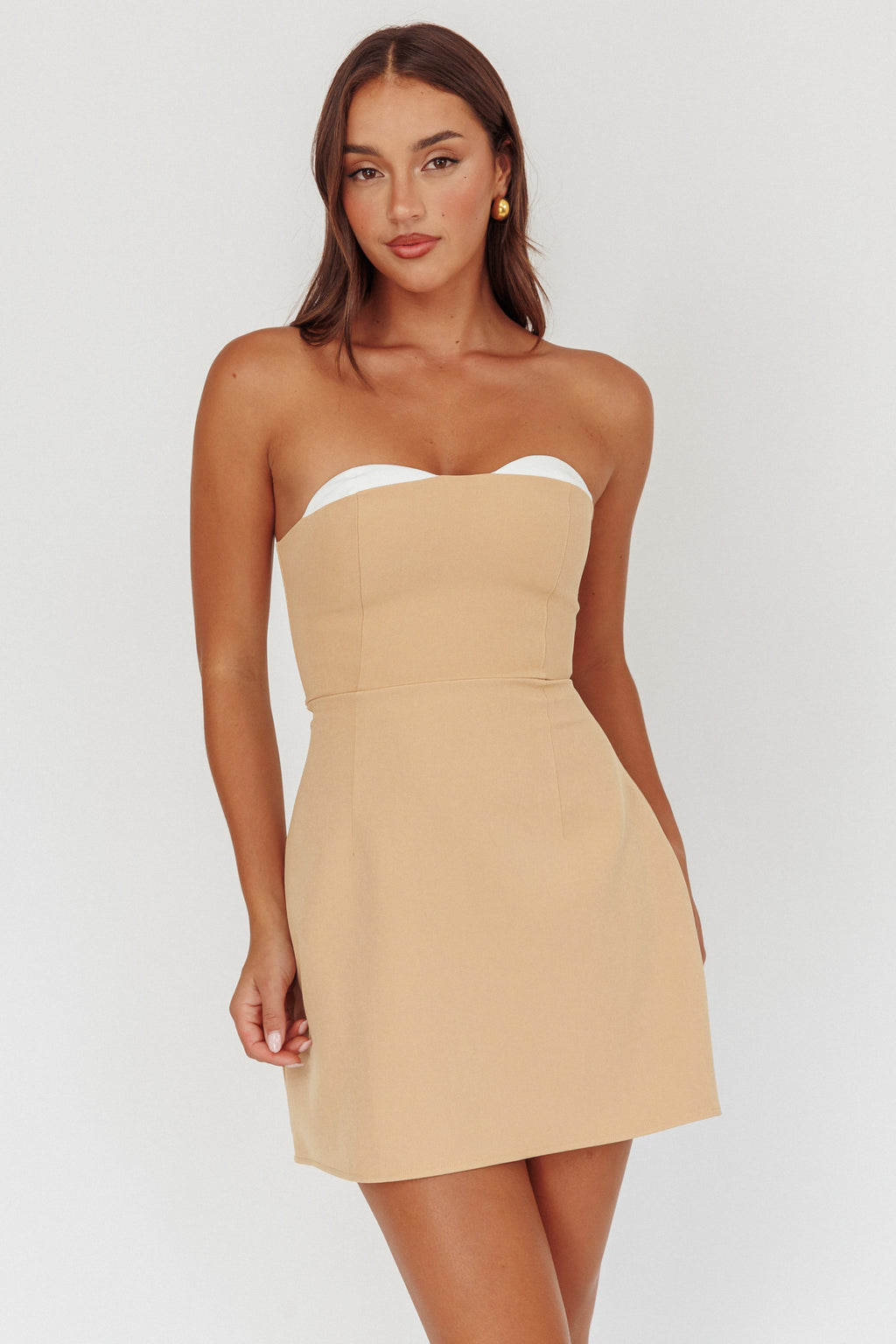 Hillara Strapless Mini Dress Tan by Selfie Leslie Australia