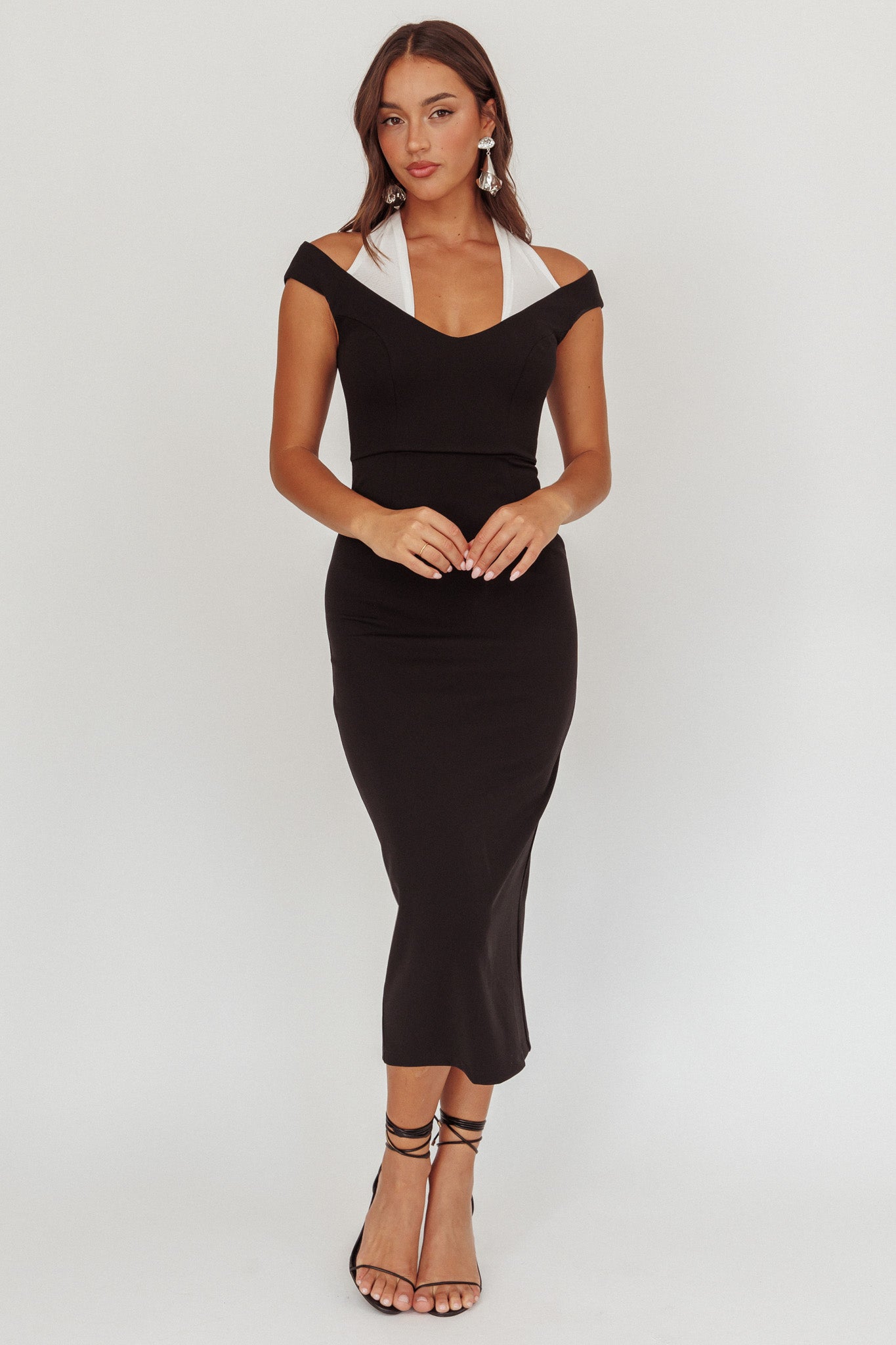Tyla Contrast Mesh Halter Midi Dress Black by Selfie Leslie Australia