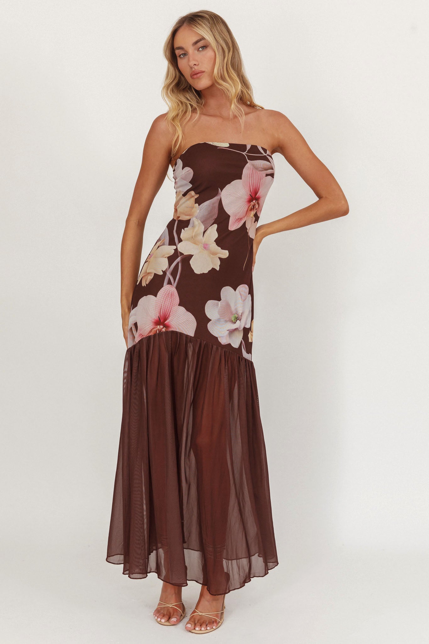 Wilma Sheer Hem Strapless Midi Dress Orchids Brown by Selfie Leslie Australia