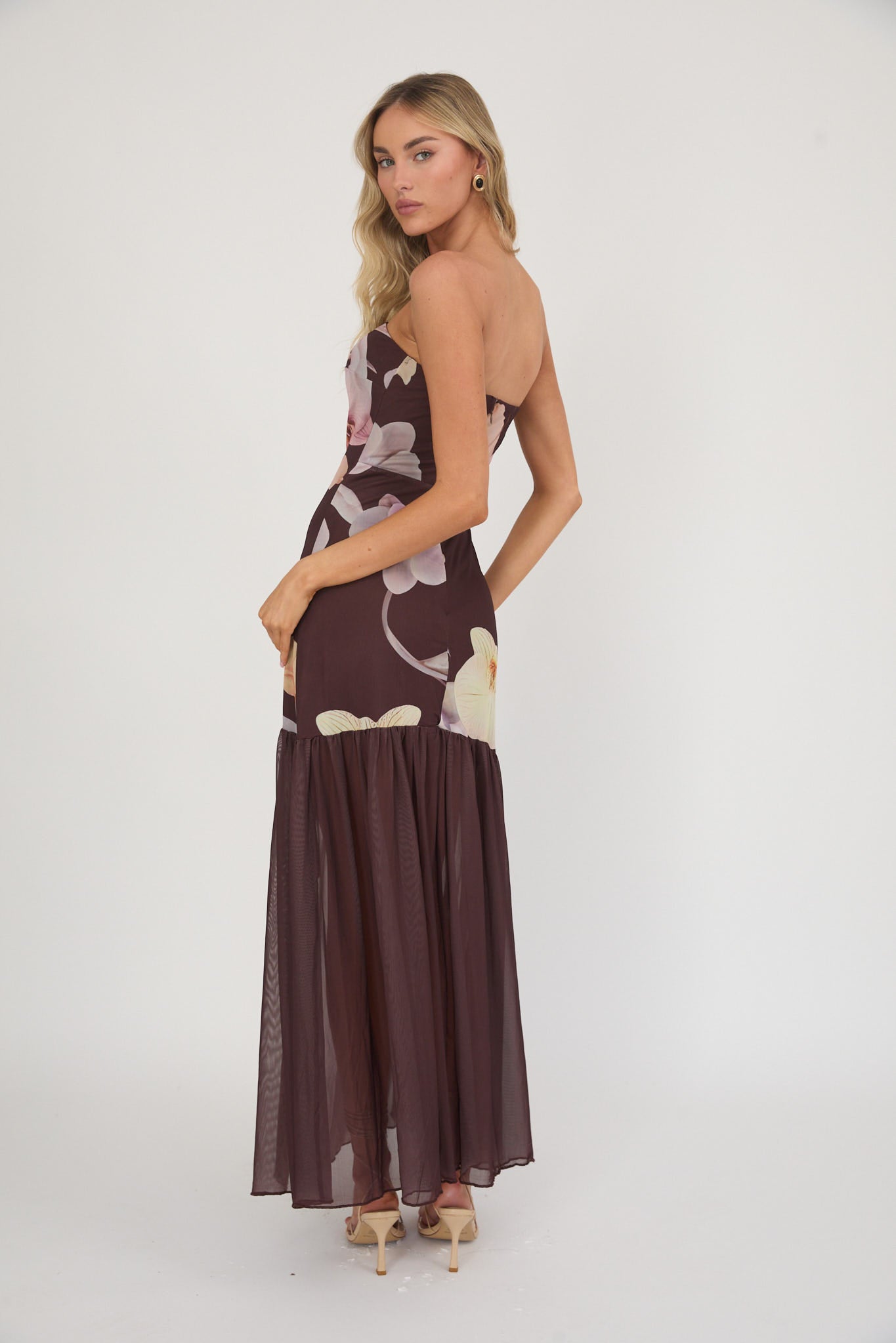 Wilma Sheer Hem Strapless Midi Dress Orchids Brown by Selfie Leslie Australia