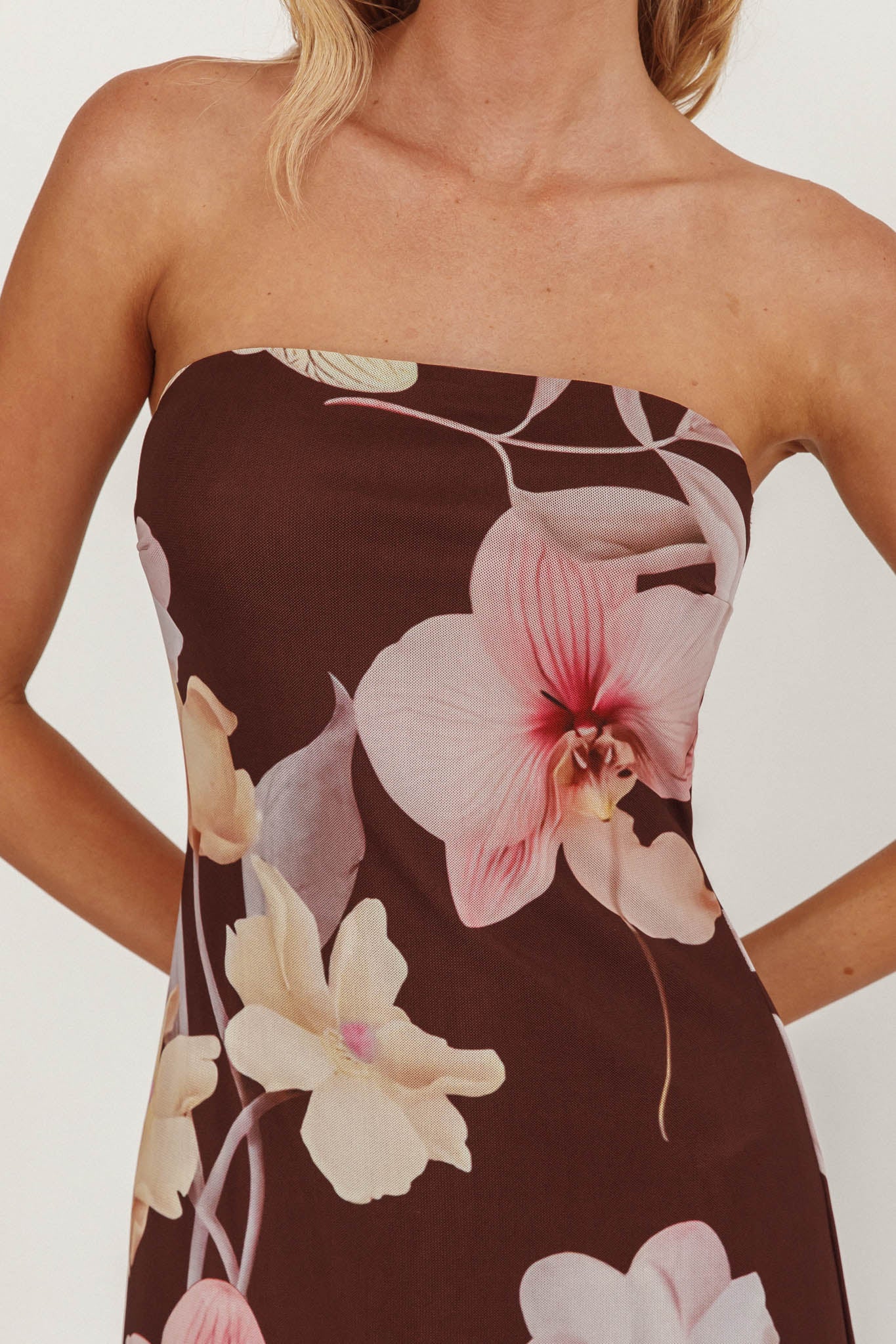 Wilma Sheer Hem Strapless Midi Dress Orchids Brown by Selfie Leslie Australia