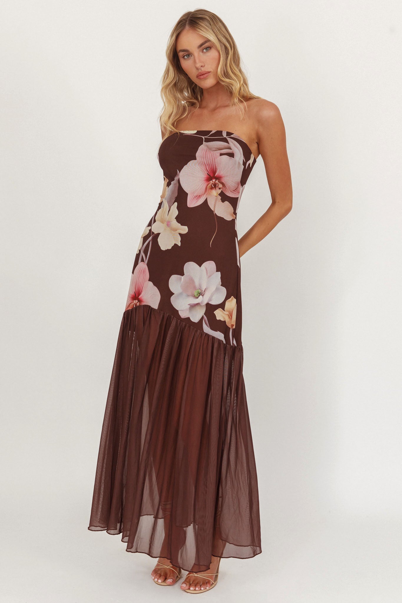 Wilma Sheer Hem Strapless Midi Dress Orchids Brown by Selfie Leslie Australia