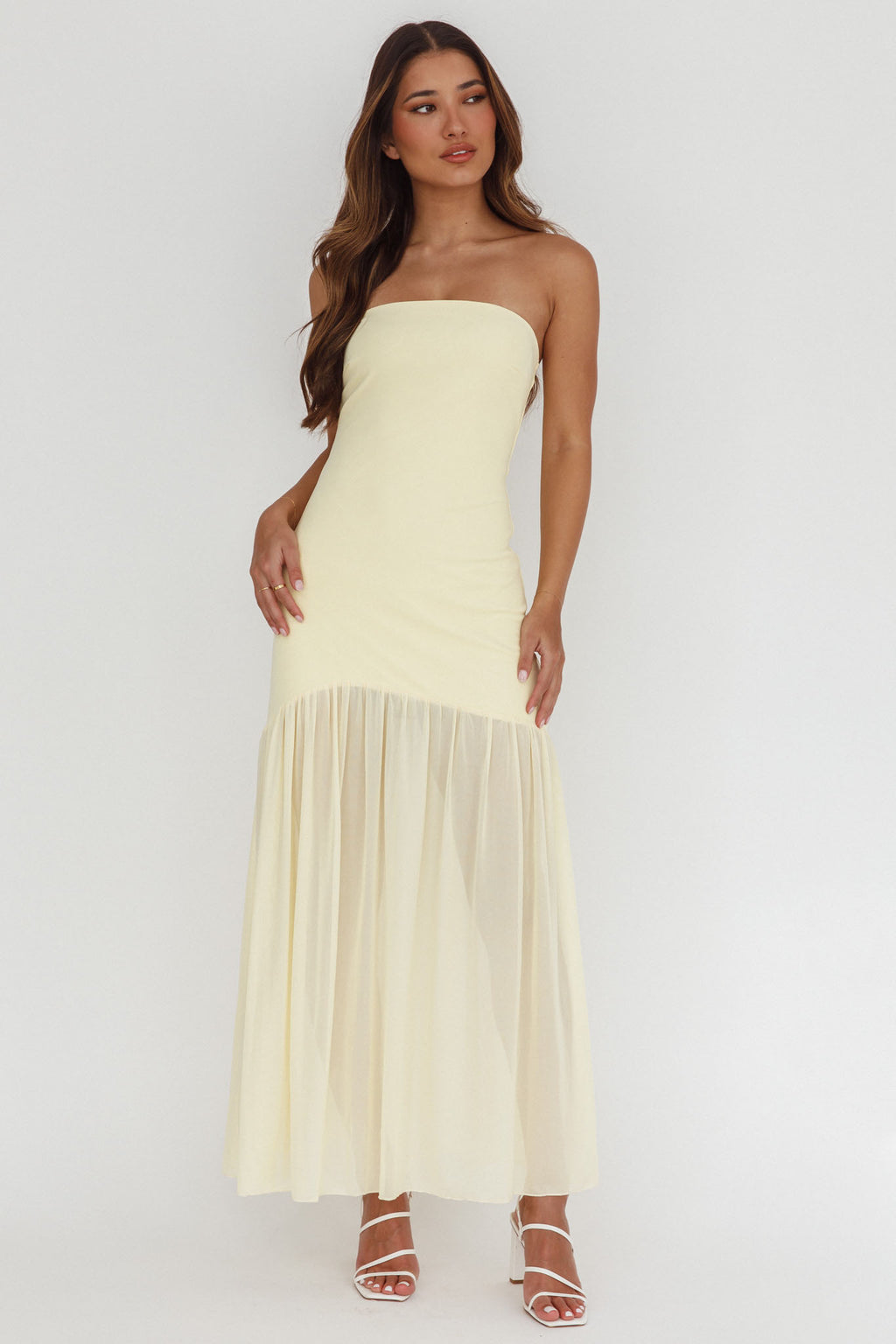 Wilma Sheer Hem Strapless Midi Dress Butter by Selfie Leslie Australia