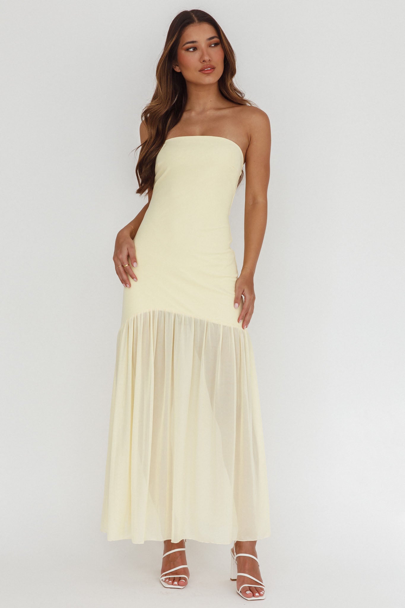 Wilma Sheer Hem Strapless Midi Dress Butter by Selfie Leslie Australia