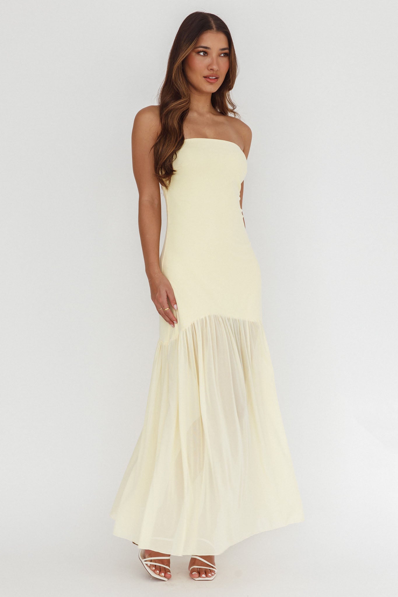 Wilma Sheer Hem Strapless Midi Dress Butter by Selfie Leslie Australia