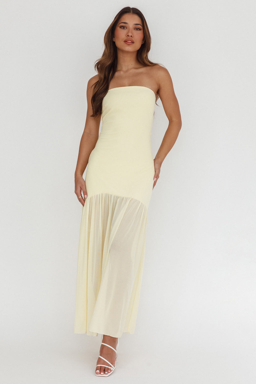 Wilma Sheer Hem Strapless Midi Dress Butter by Selfie Leslie Australia