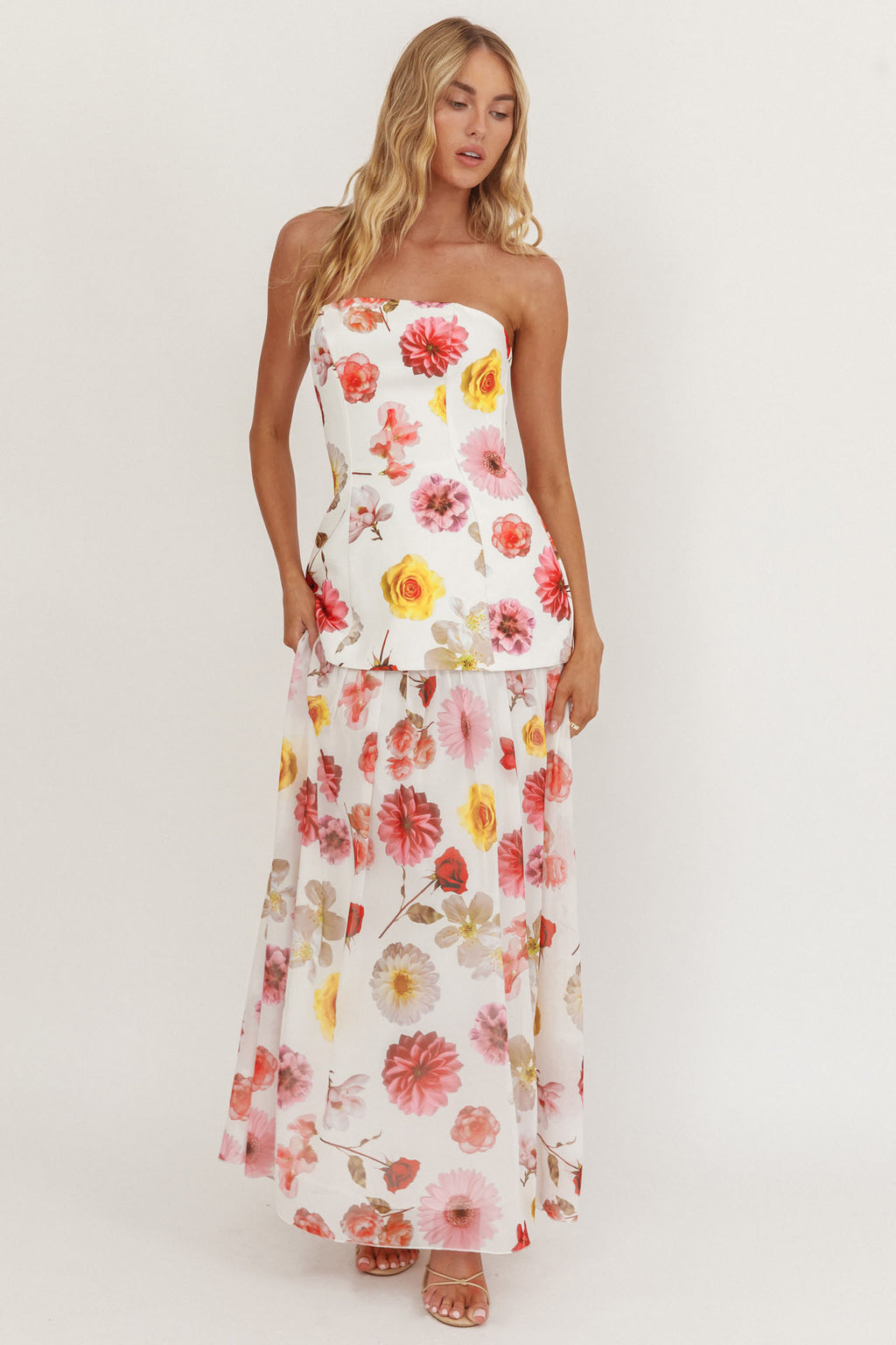 Wilma Flowy Hem Strapless Maxi Dress Floral by Selfie Leslie Australia