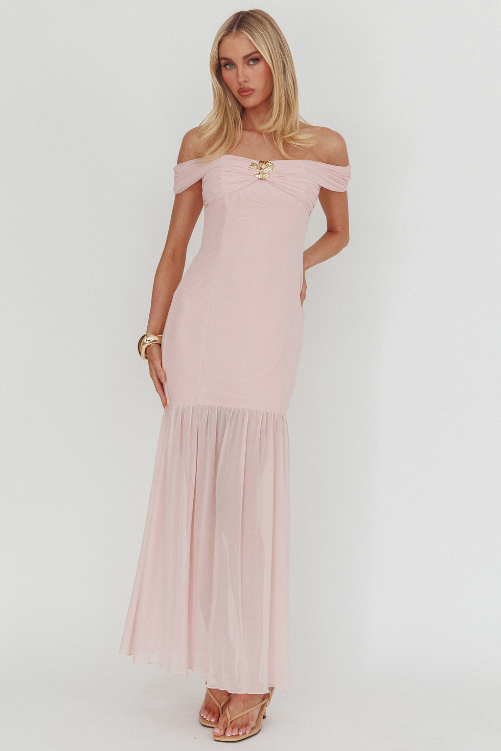 Wilma Off-Shoulder Sheer Hem Maxi Dress Pink by Selfie Leslie Australia