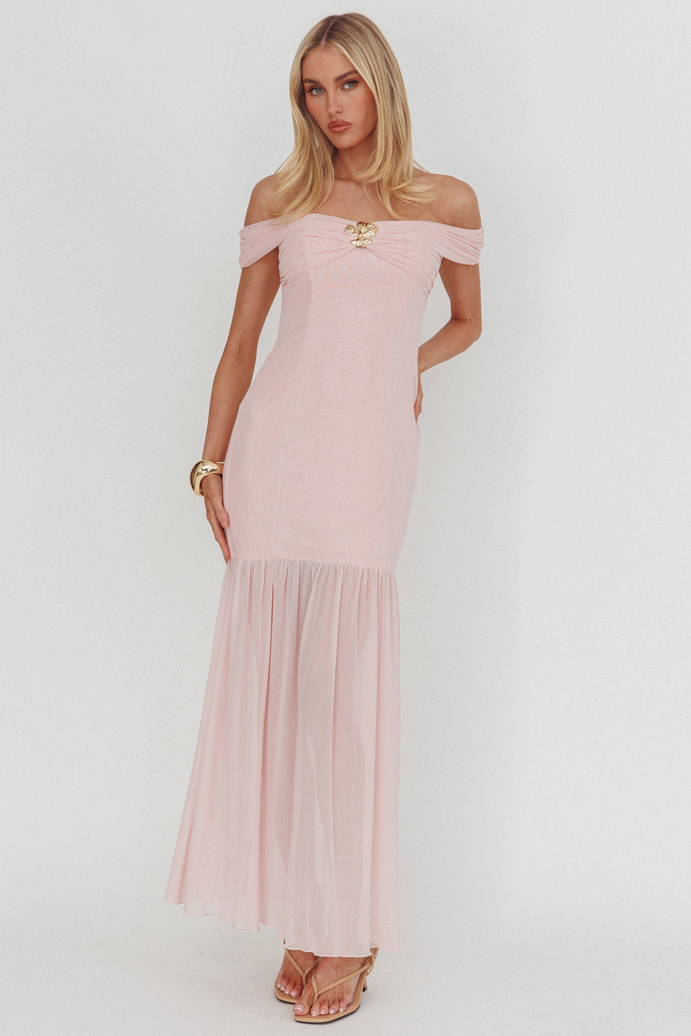 Wilma Off-Shoulder Sheer Hem Maxi Dress Pink by Selfie Leslie Australia