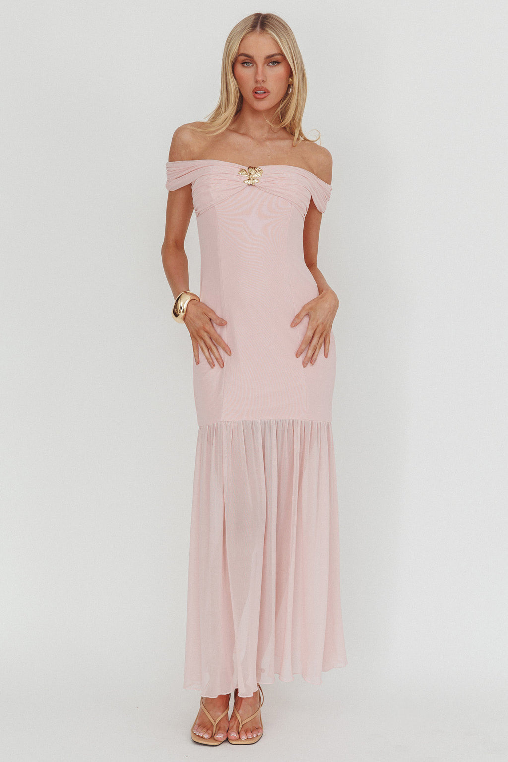 Wilma Off-Shoulder Sheer Hem Maxi Dress Pink by Selfie Leslie Australia