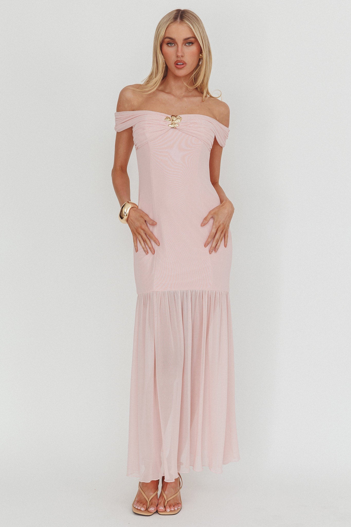 Wilma Off-Shoulder Sheer Hem Maxi Dress Pink by Selfie Leslie Australia