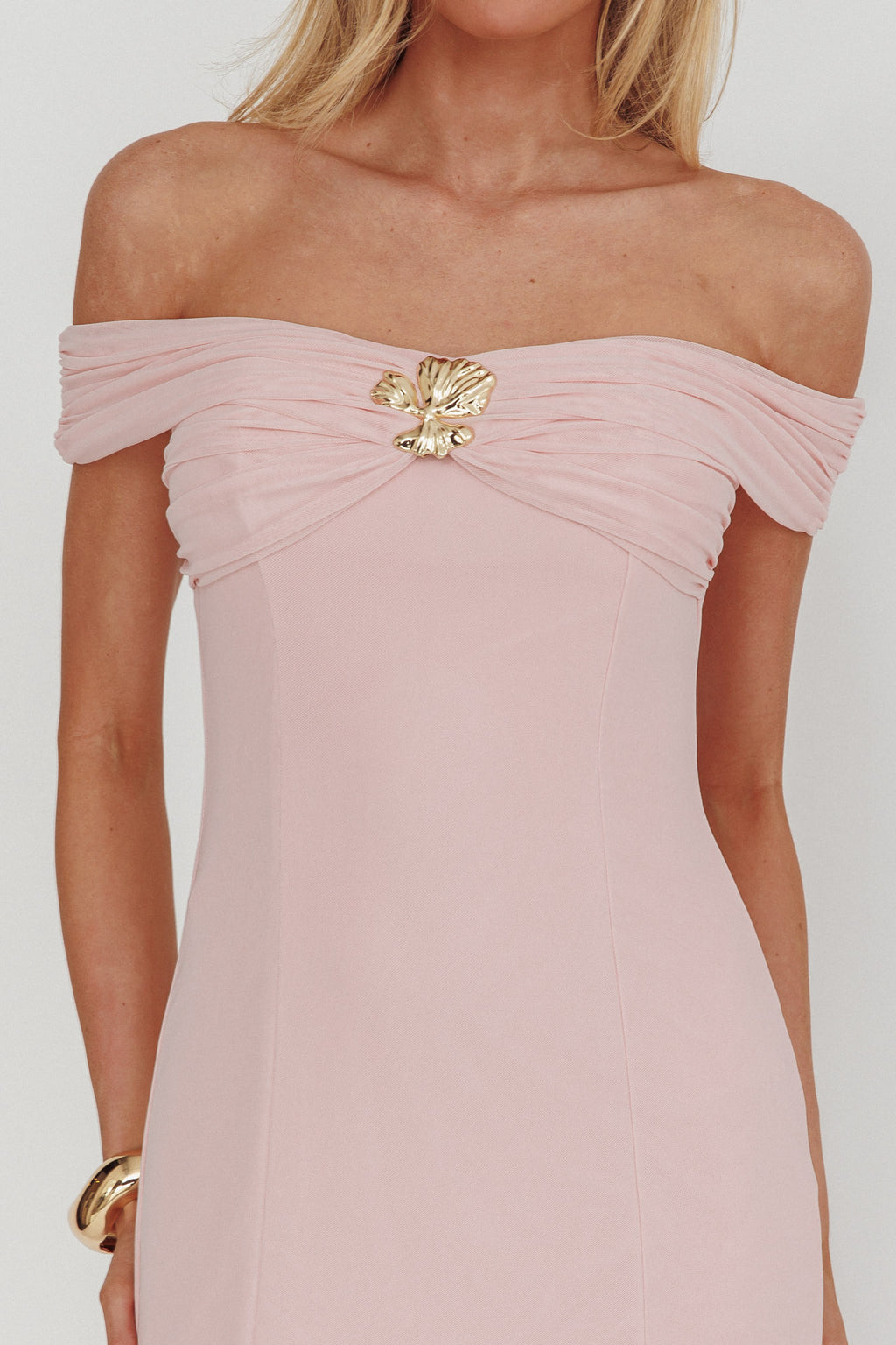Wilma Off-Shoulder Sheer Hem Maxi Dress Pink by Selfie Leslie Australia