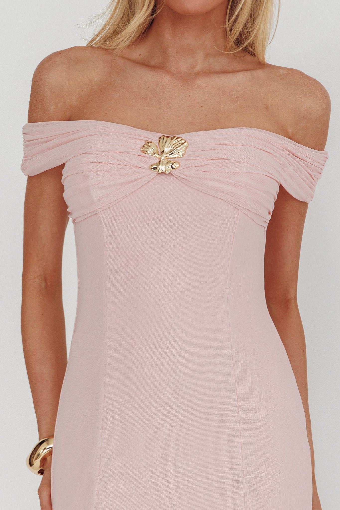 Wilma Off-Shoulder Sheer Hem Maxi Dress Pink by Selfie Leslie Australia