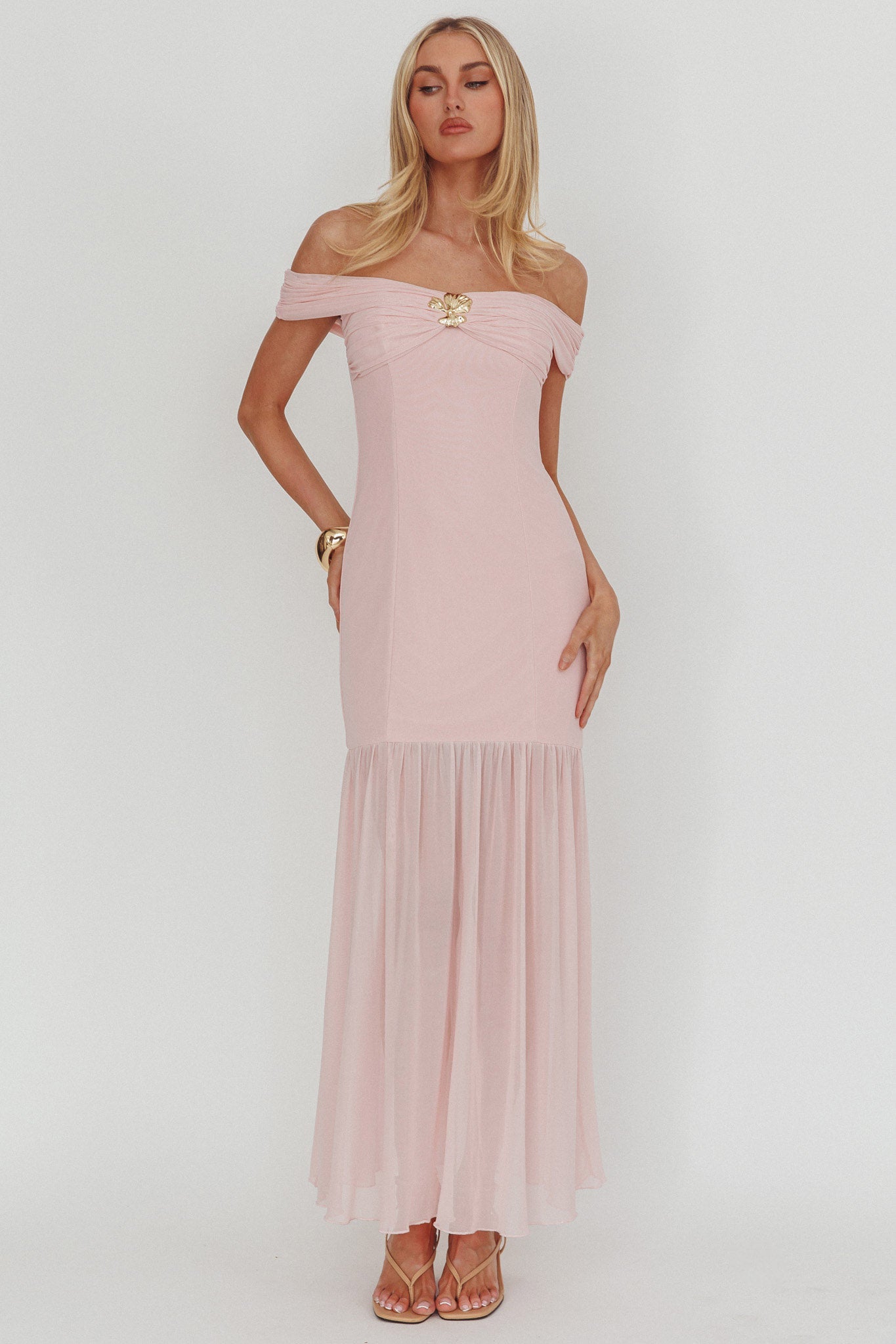 Wilma Off-Shoulder Sheer Hem Maxi Dress Pink by Selfie Leslie Australia