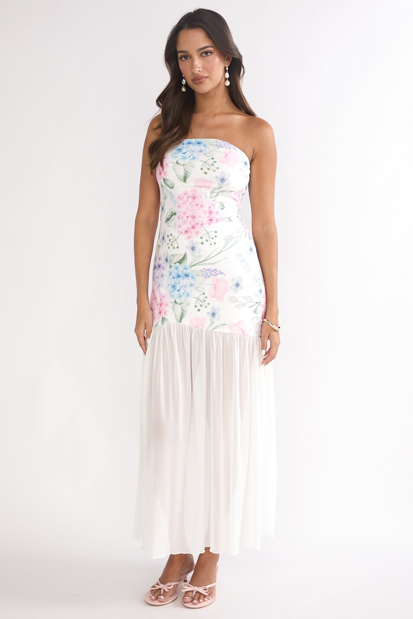 Wilma Sheer Hem Strapless Maxi Dress Flowers Blue by Selfie Leslie Australia