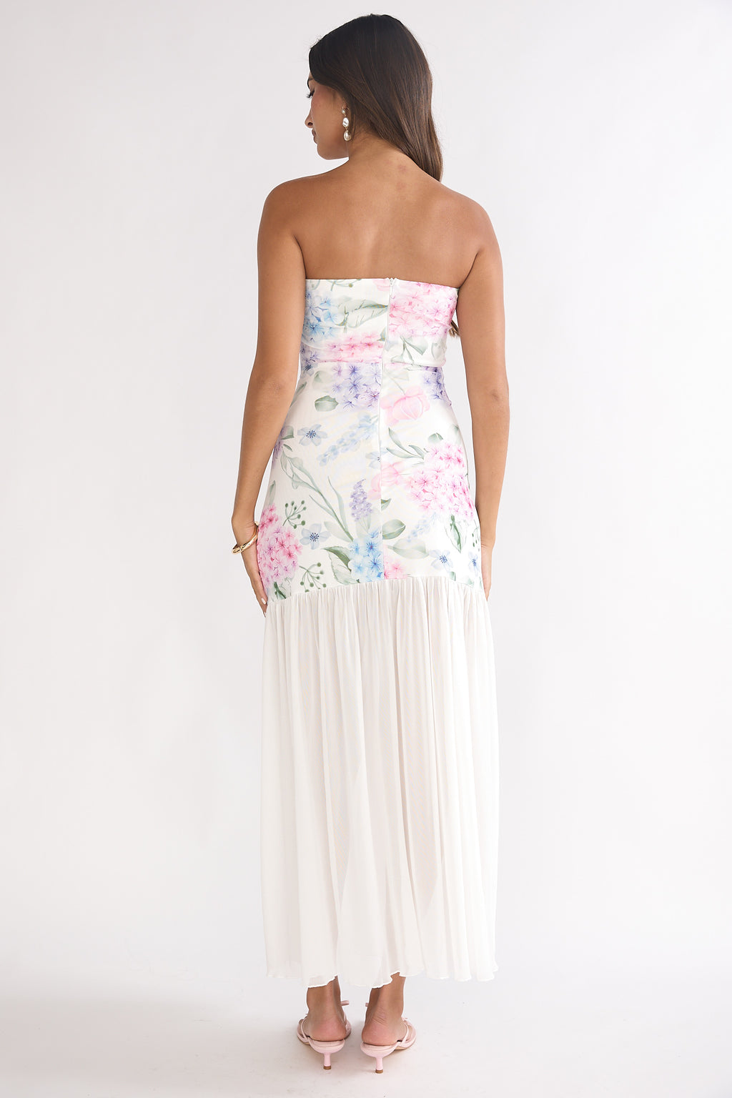 Wilma Sheer Hem Strapless Maxi Dress Flowers Blue by Selfie Leslie Australia