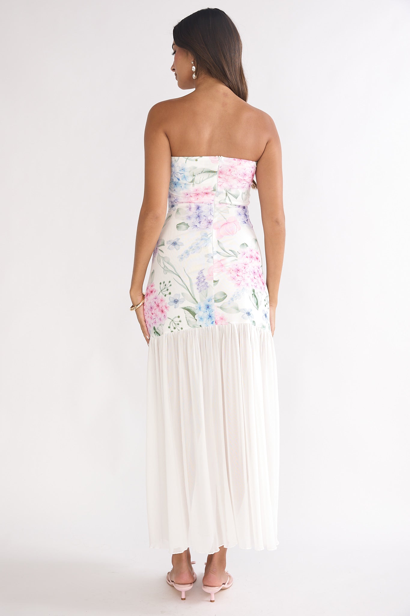 Wilma Sheer Hem Strapless Maxi Dress Flowers Blue by Selfie Leslie Australia
