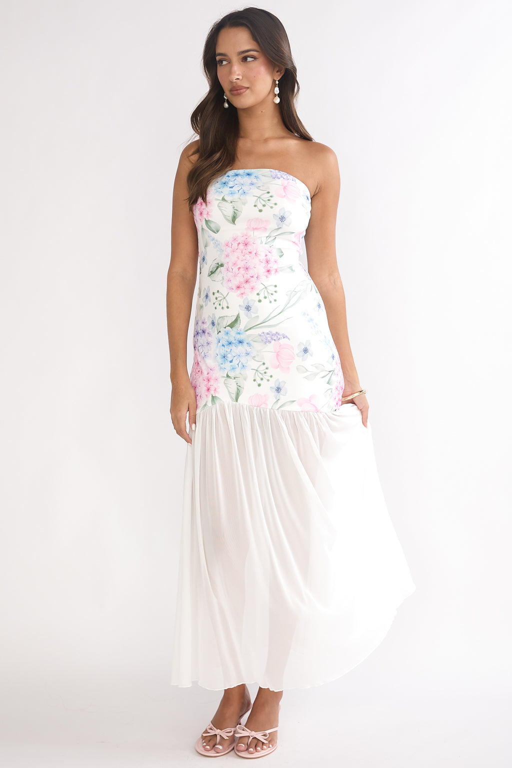Wilma Sheer Hem Strapless Maxi Dress Flowers Blue by Selfie Leslie Australia