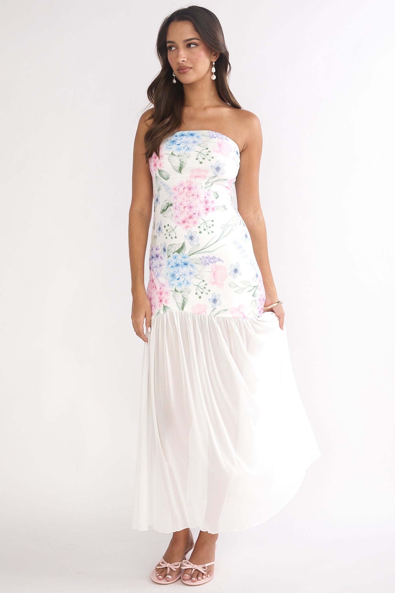 Wilma Sheer Hem Strapless Maxi Dress Flowers Blue by Selfie Leslie Australia