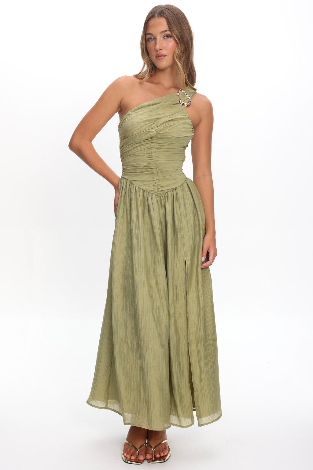 Andrina One-Shoulder Ruched Maxi Dress Olive by Selfie Leslie Australia