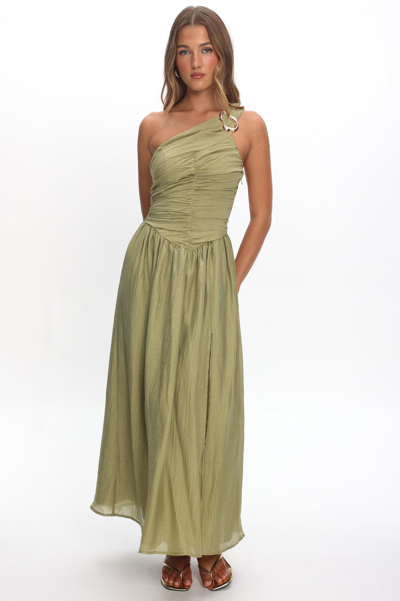 Andrina One-Shoulder Ruched Maxi Dress Olive by Selfie Leslie Australia