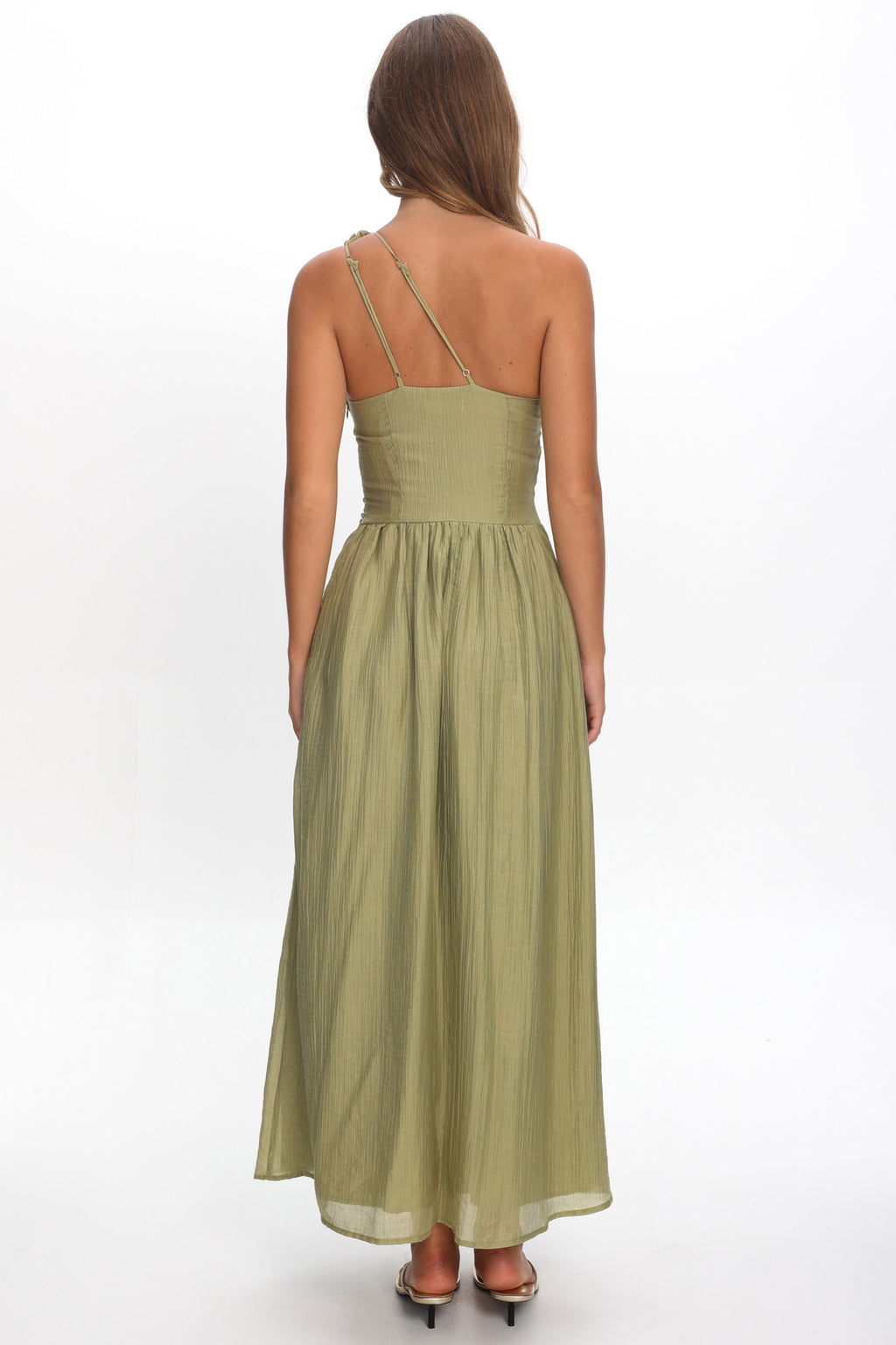 Andrina One-Shoulder Ruched Maxi Dress Olive by Selfie Leslie Australia