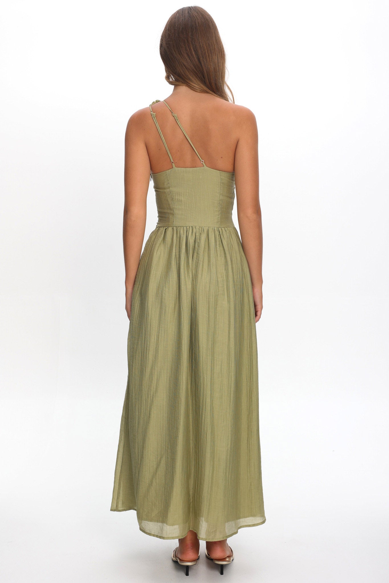 Andrina One-Shoulder Ruched Maxi Dress Olive by Selfie Leslie Australia