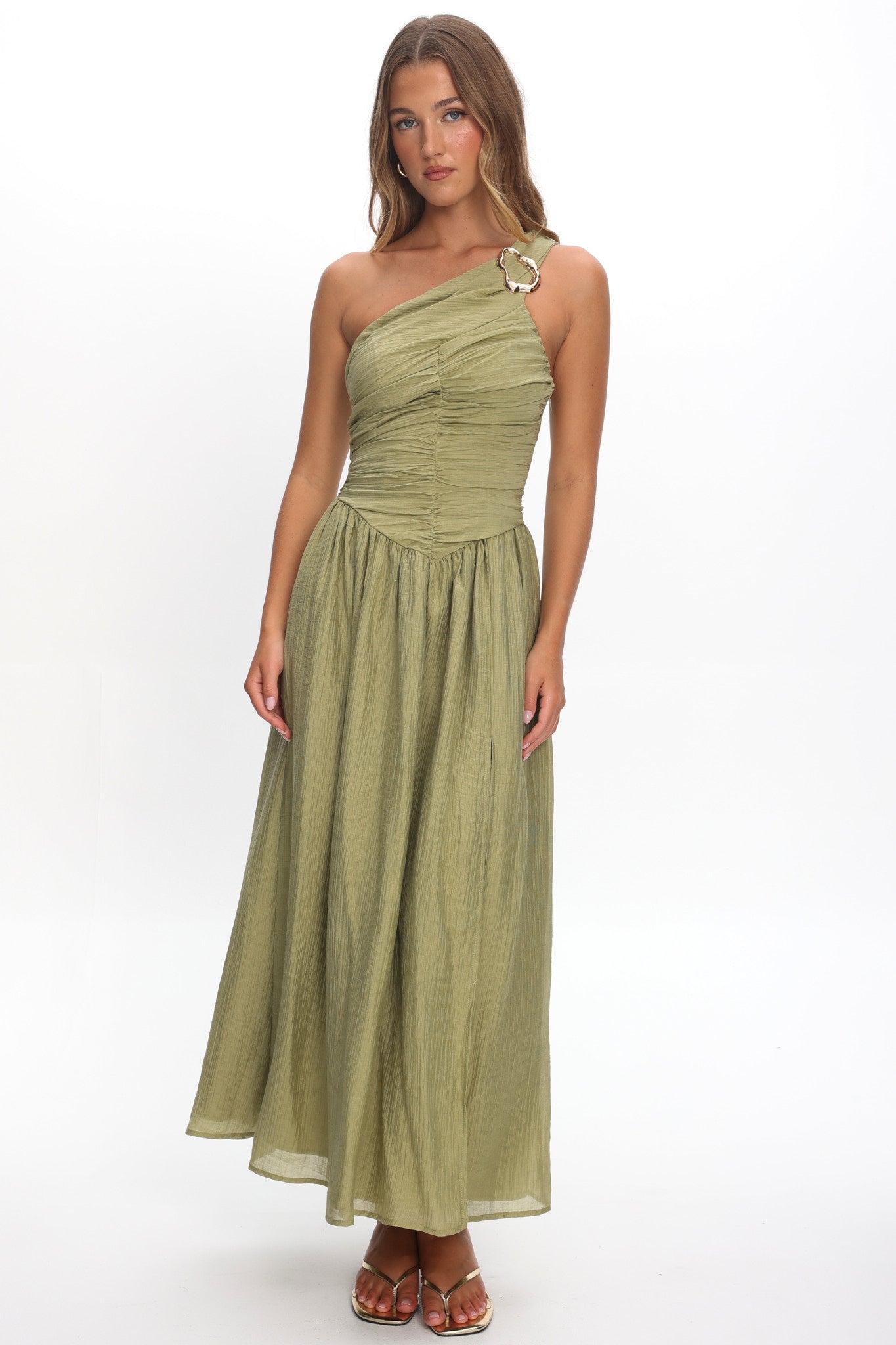 Andrina One-Shoulder Ruched Maxi Dress Olive by Selfie Leslie Australia