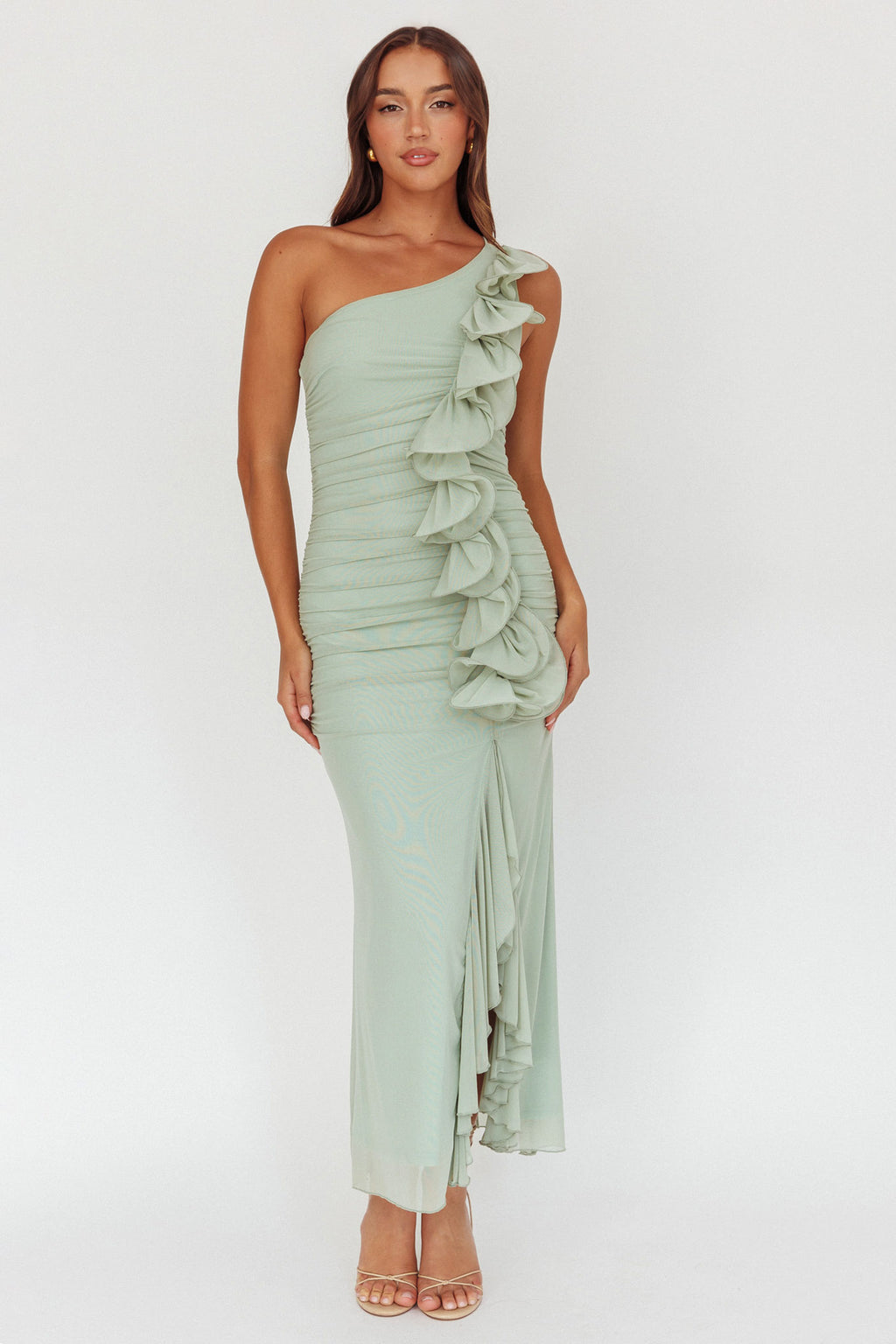 Haven One-Shoulder Ruffle Accent Maxi Dress Sage by Selfie Leslie Australia