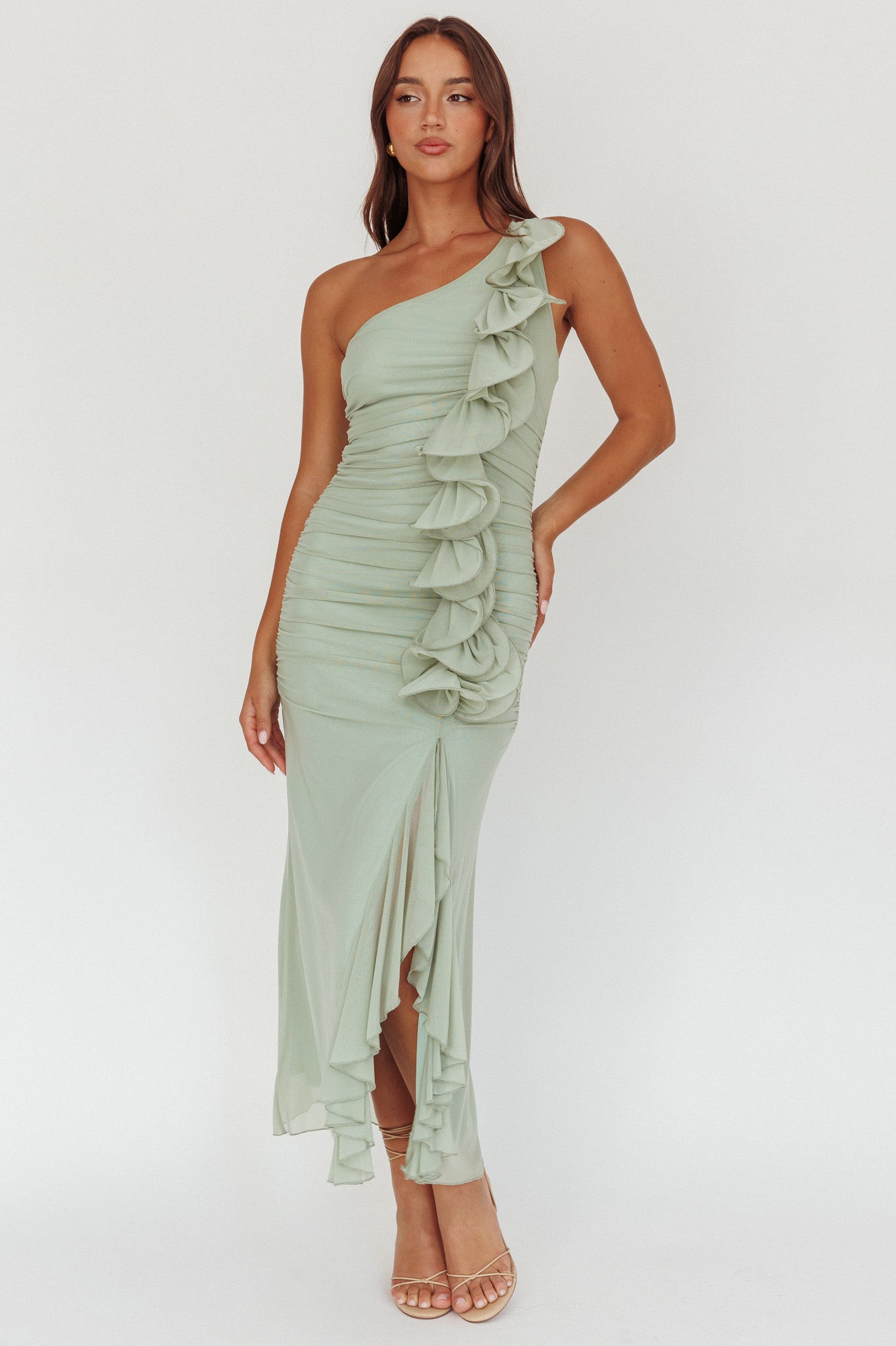 Haven One-Shoulder Ruffle Accent Maxi Dress Sage by Selfie Leslie Australia