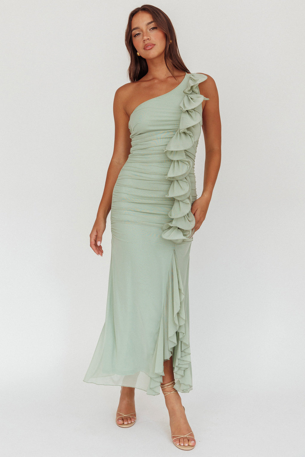 Haven One-Shoulder Ruffle Accent Maxi Dress Sage by Selfie Leslie Australia