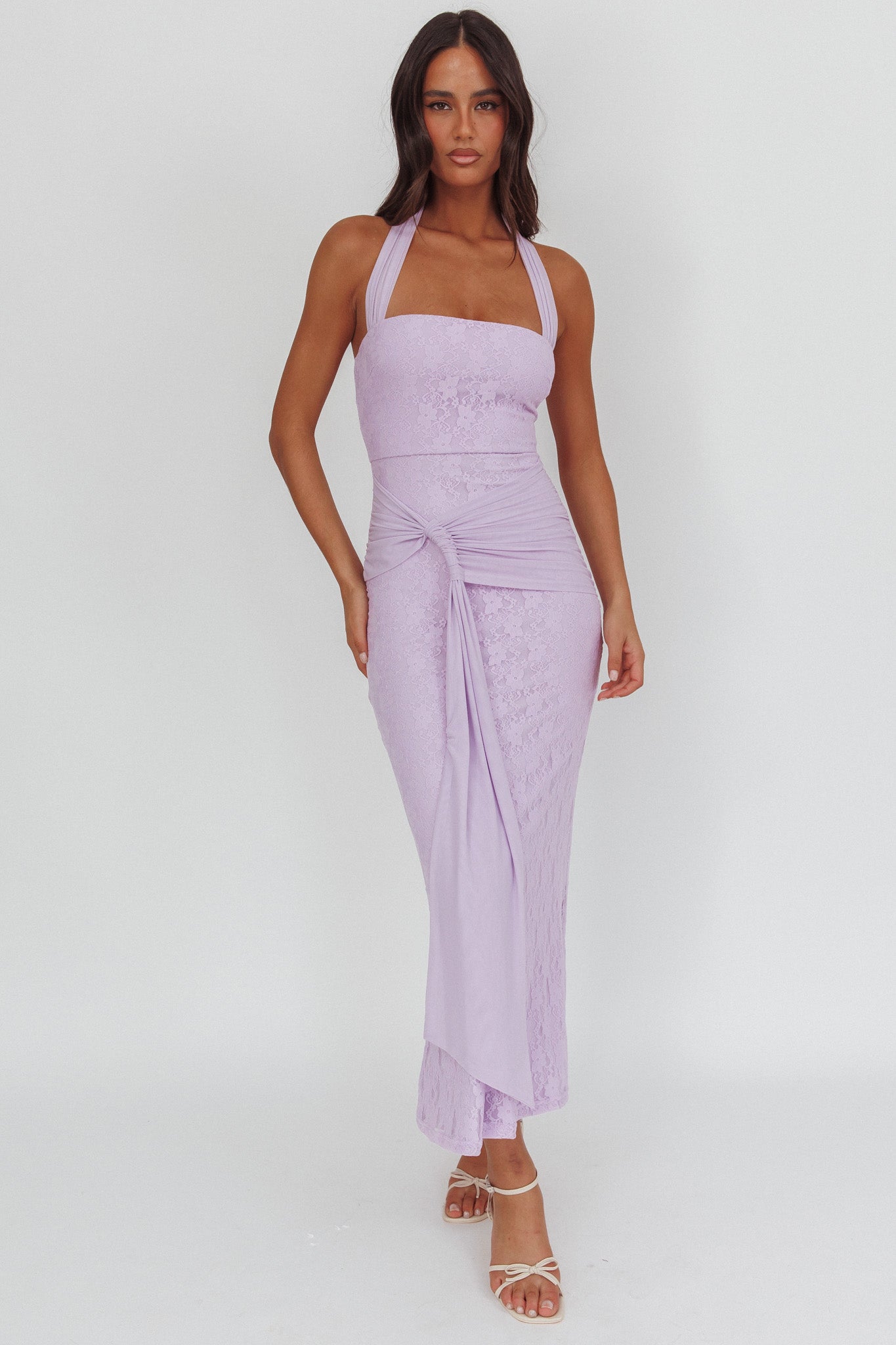 Luli Waist Sash Halter Maxi Dress Lace Lilac by Selfie Leslie Australia