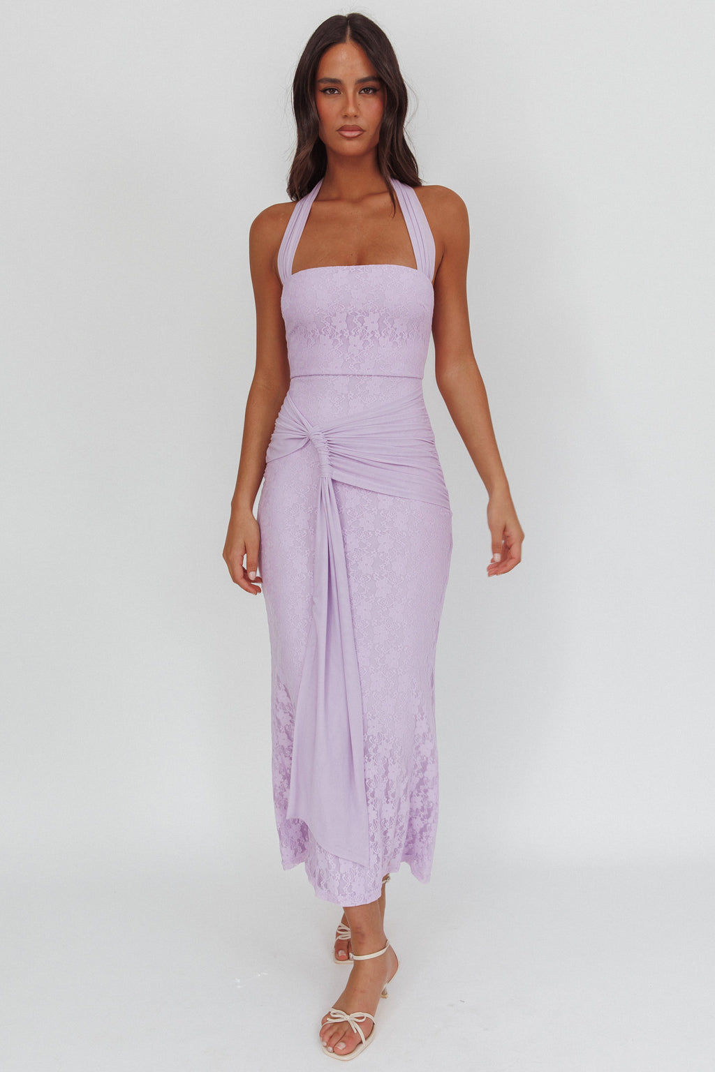 Luli Waist Sash Halter Maxi Dress Lace Lilac by Selfie Leslie Australia