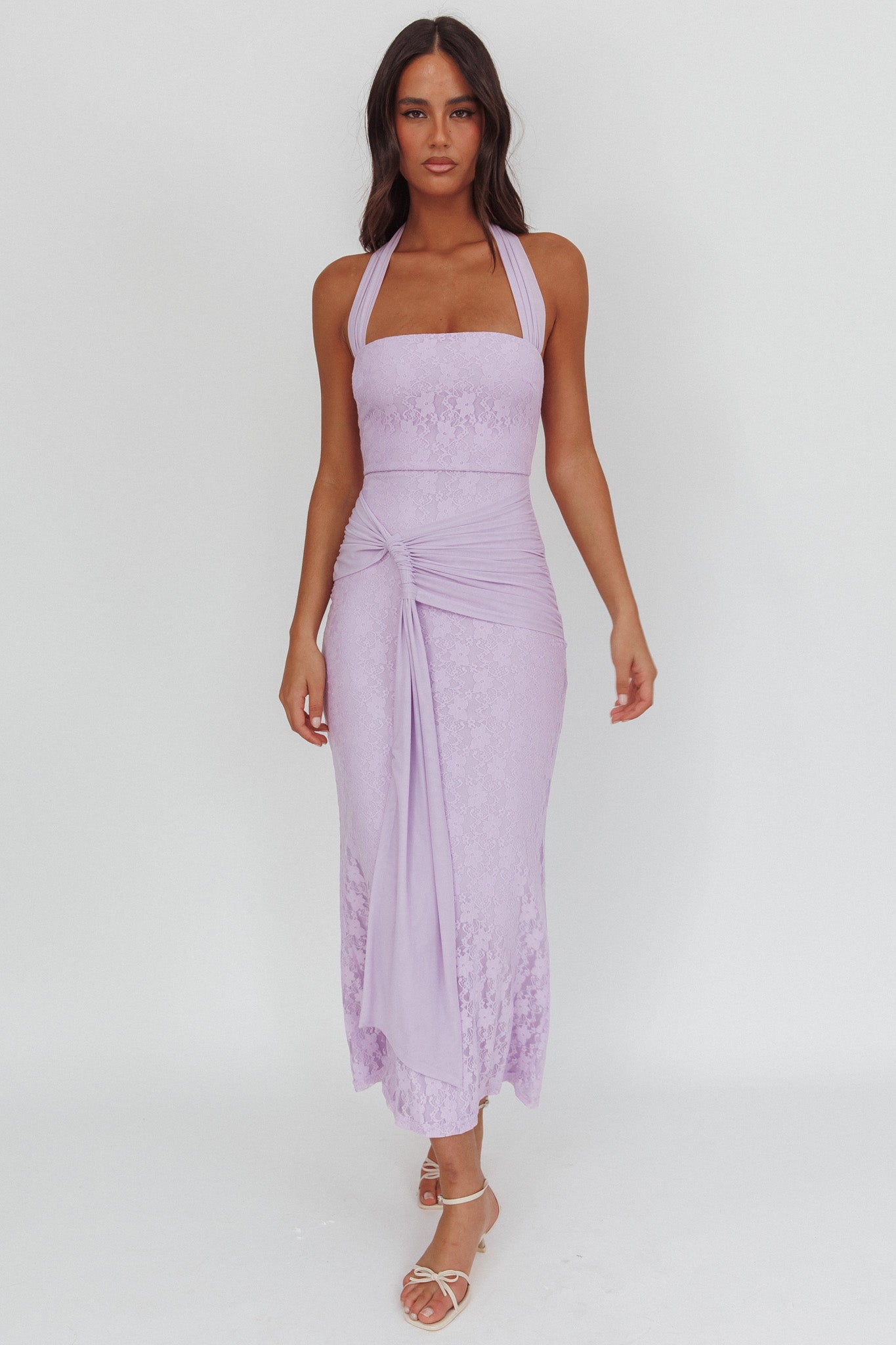 Luli Waist Sash Halter Maxi Dress Lace Lilac by Selfie Leslie Australia