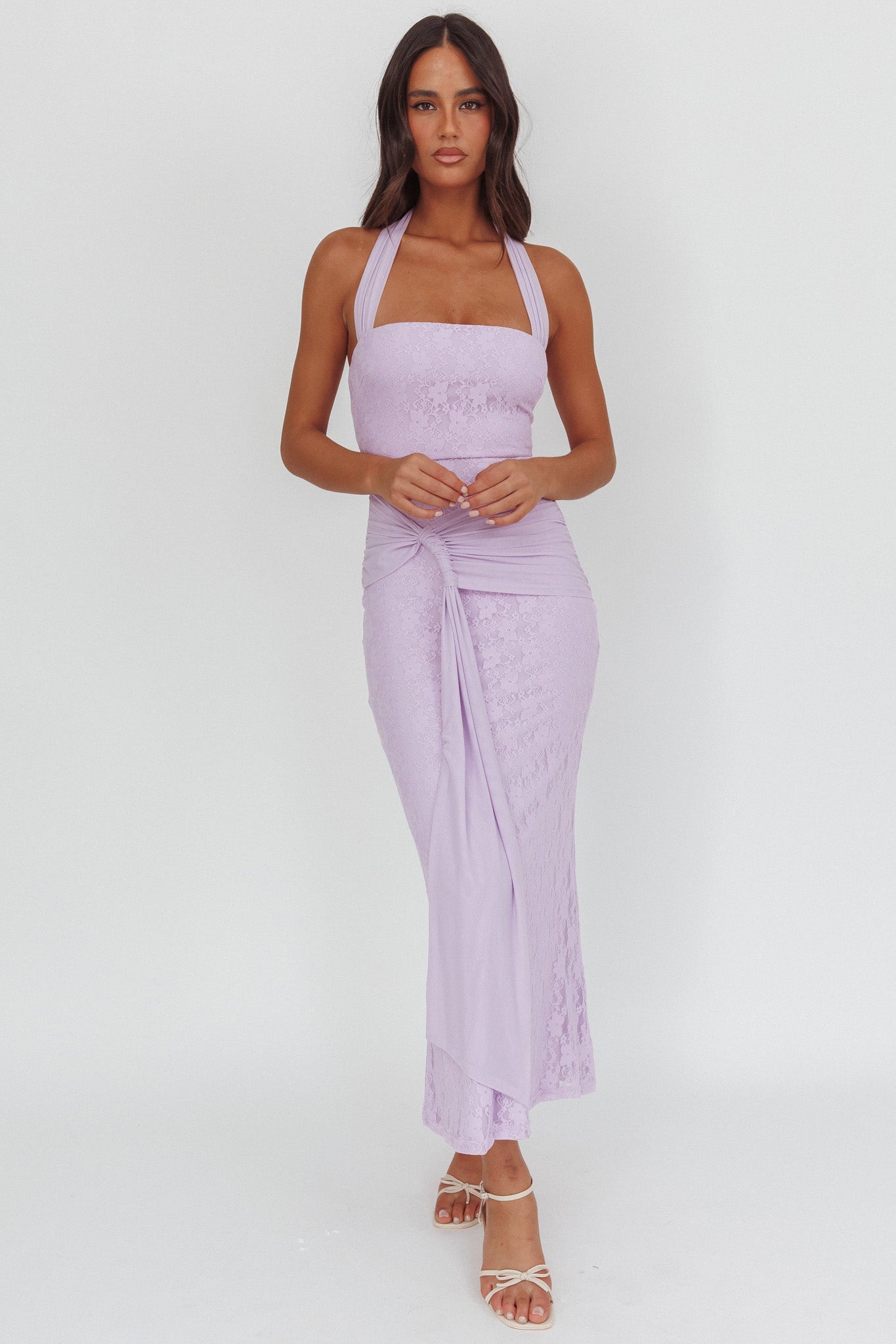 Luli Waist Sash Halter Maxi Dress Lace Lilac by Selfie Leslie Australia