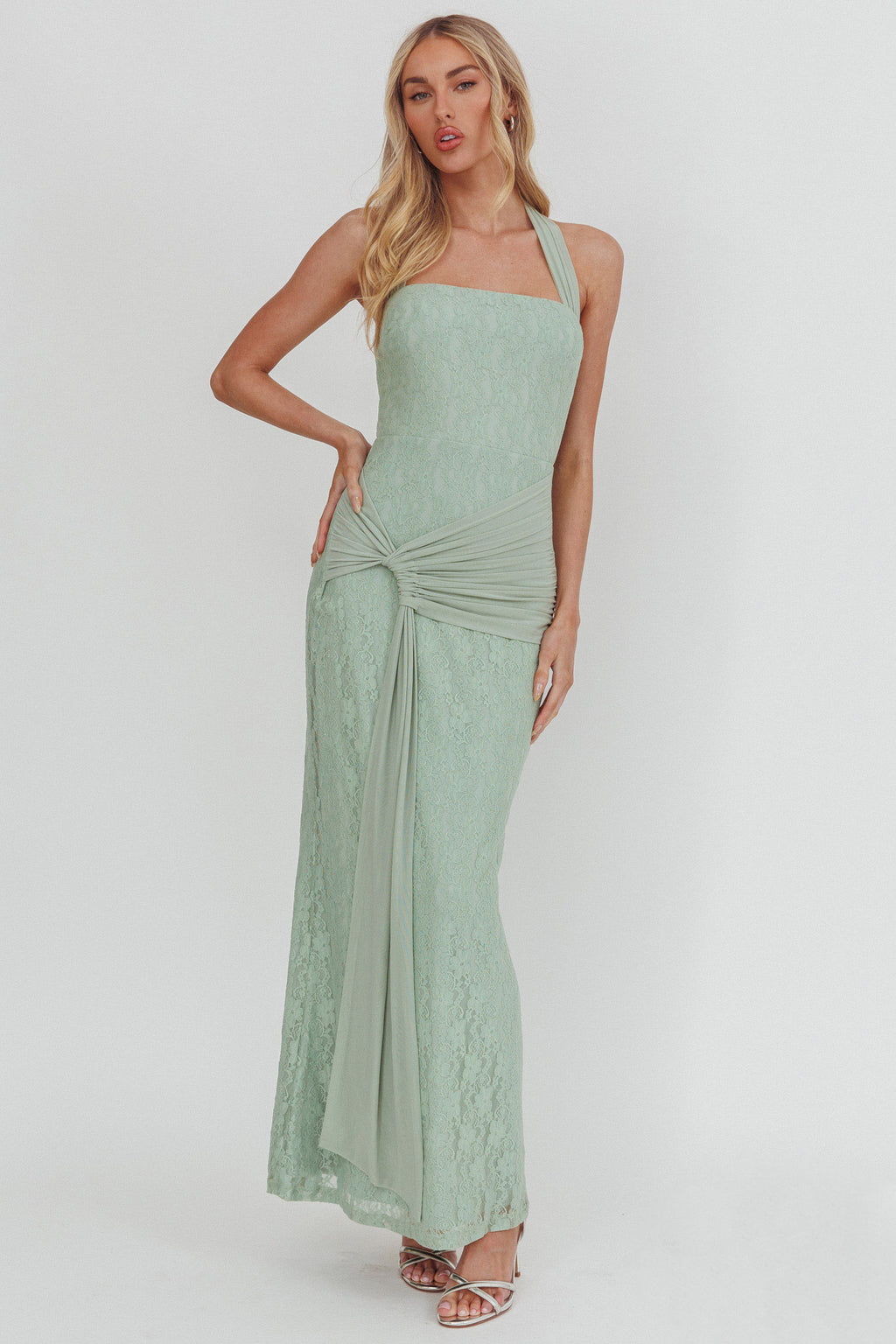 Luli Waist Sash Halter Maxi Dress Lace Sage by Selfie Leslie Australia