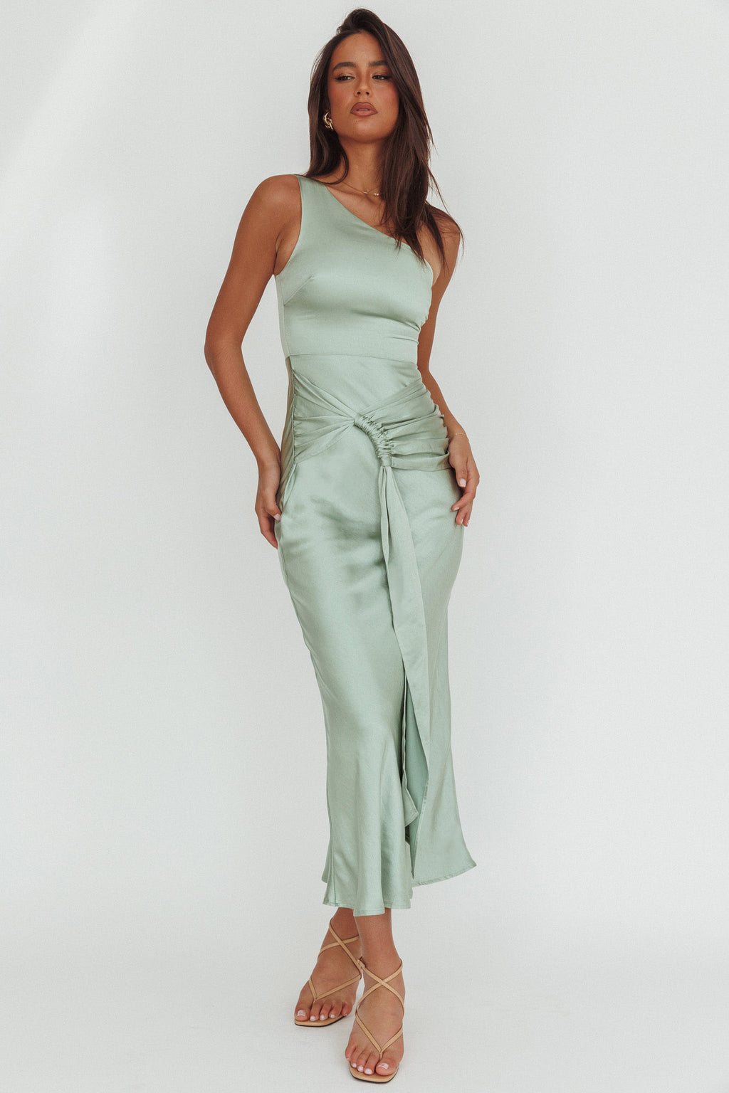 Luli One-Shoulder Waist Sash Maxi Dress Sage by Selfie Leslie Australia