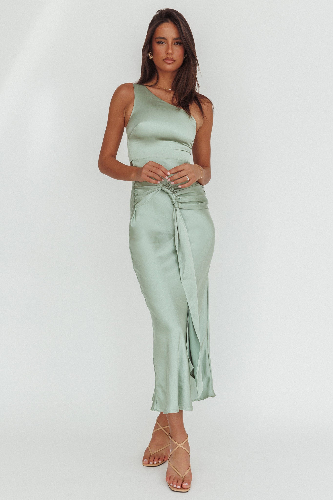Luli One-Shoulder Waist Sash Maxi Dress Sage by Selfie Leslie Australia